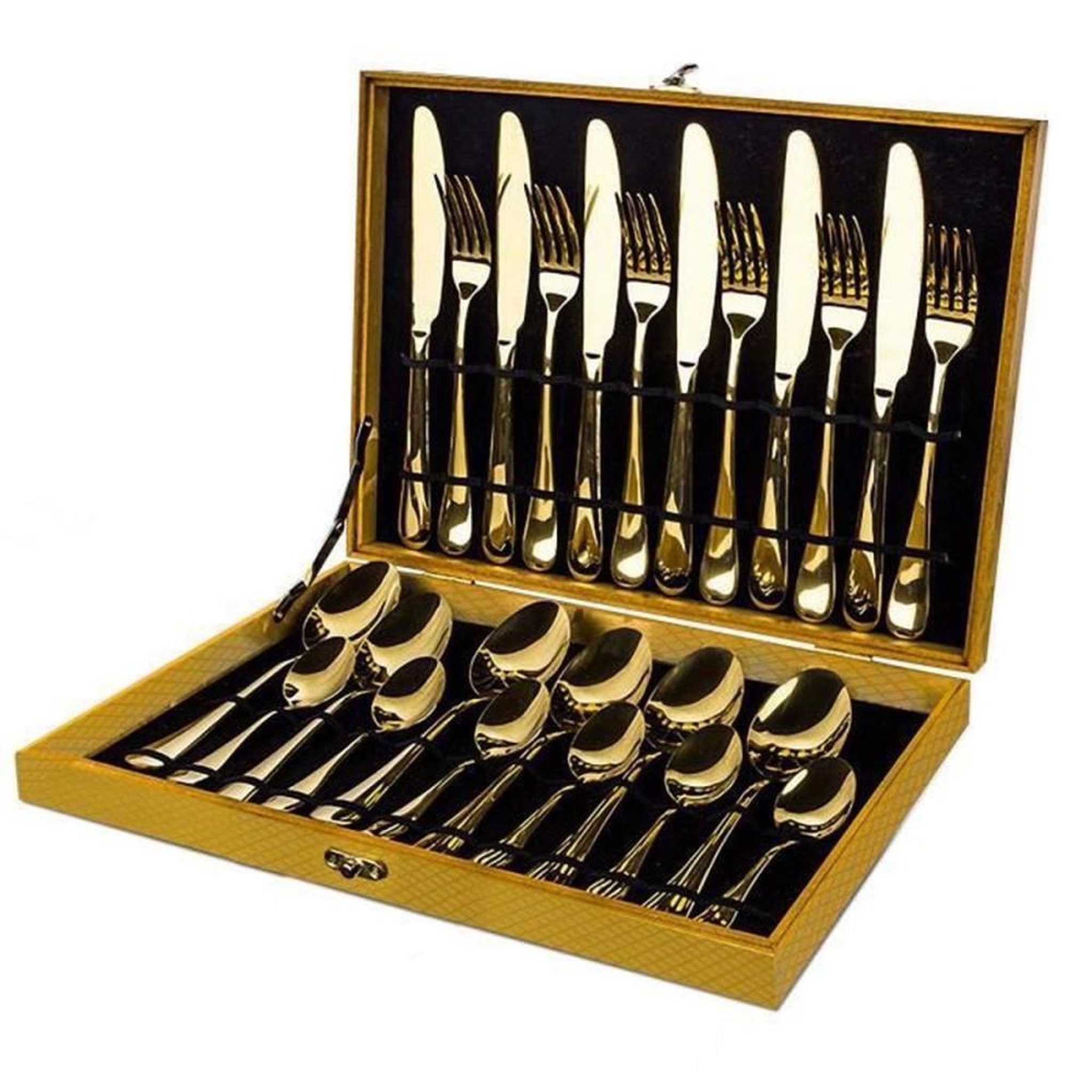 Voir la diapositive 4 : Service de couverts en inox doré poli miroir 24 pièces pour 6 personnes