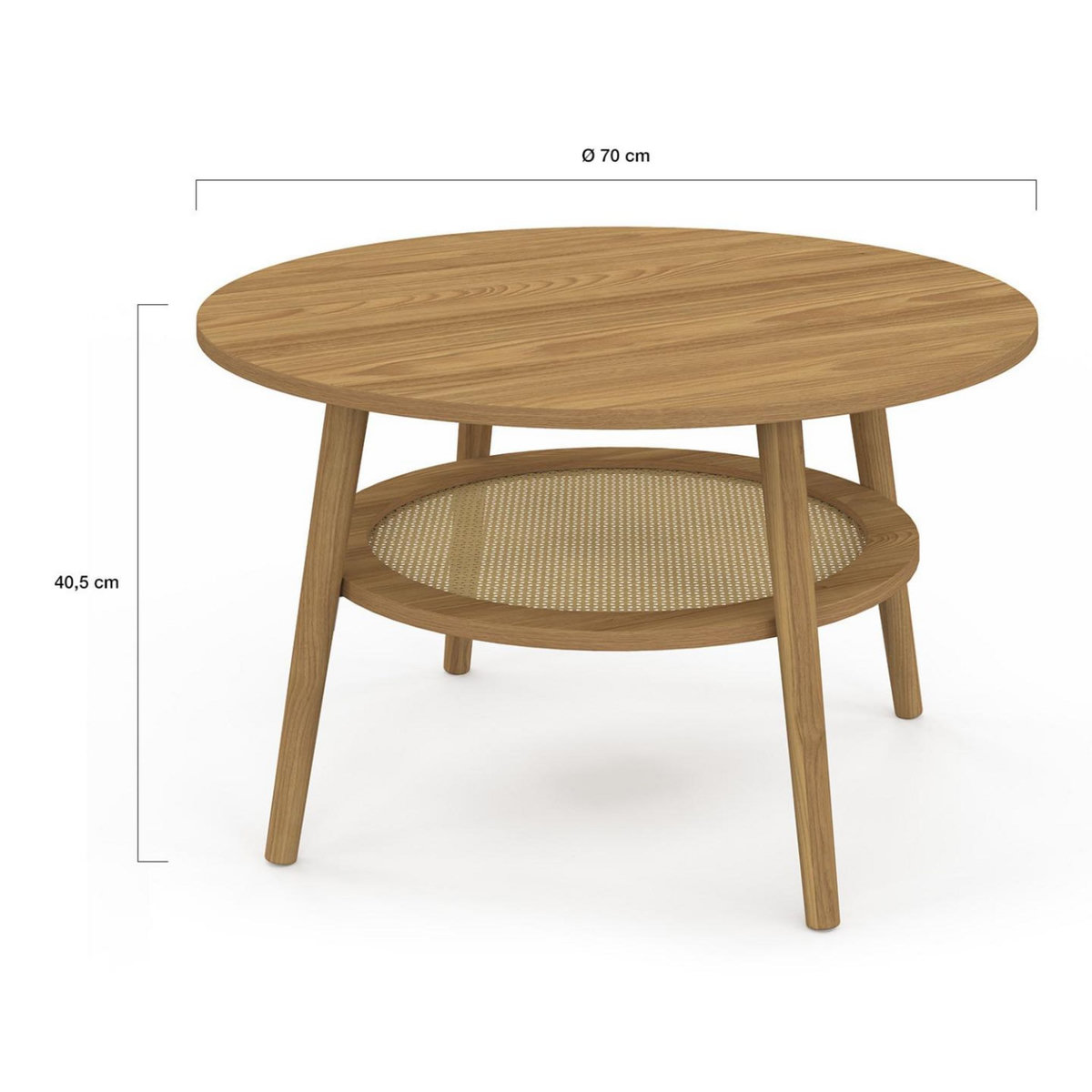 ID MARKET Table basse 70 cm HANAE ronde bois façon hêtre et plateau effet naturel cannage