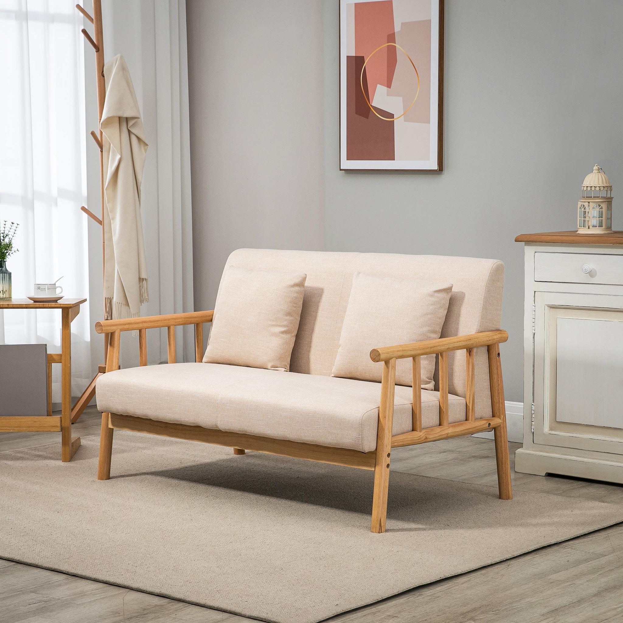 Voir la diapositive 2 : HOMCOM Canapé lounge 2 places - 2 coussins inclus - assise profonde - accoudoirs - structure bois hévéa - aspect lin beige
