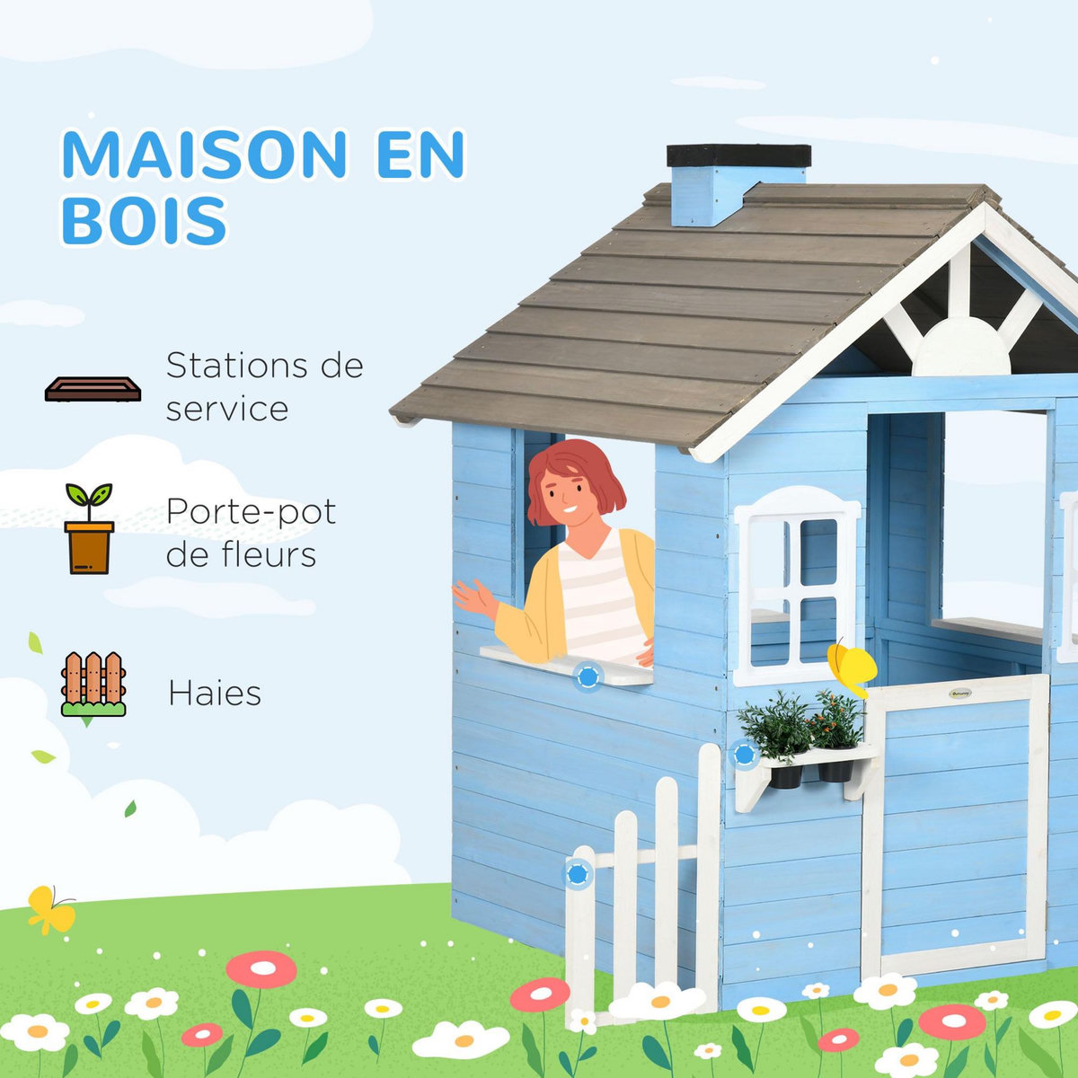 OUTSUNNY Maison de jeux enfant - jeu plein air maisonnette enfant - dim. 151L x 112l x 142H cm - bois sapin bleu blanc gris