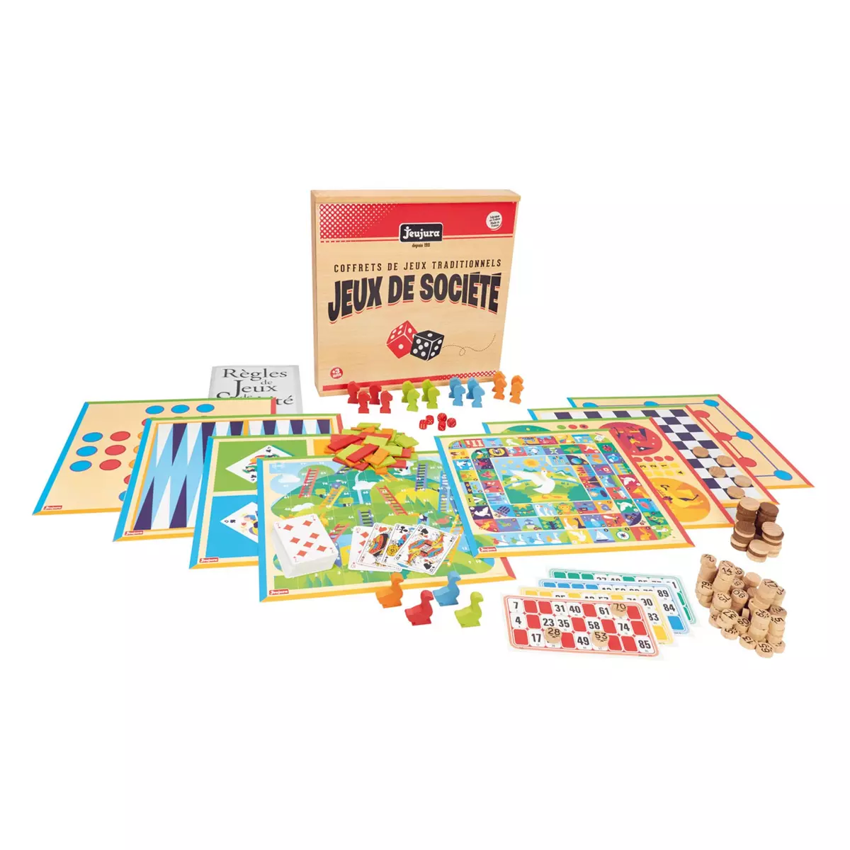 JeuJura Coffret de jeux de société traditionnels - Coffret en bois : 150 règles