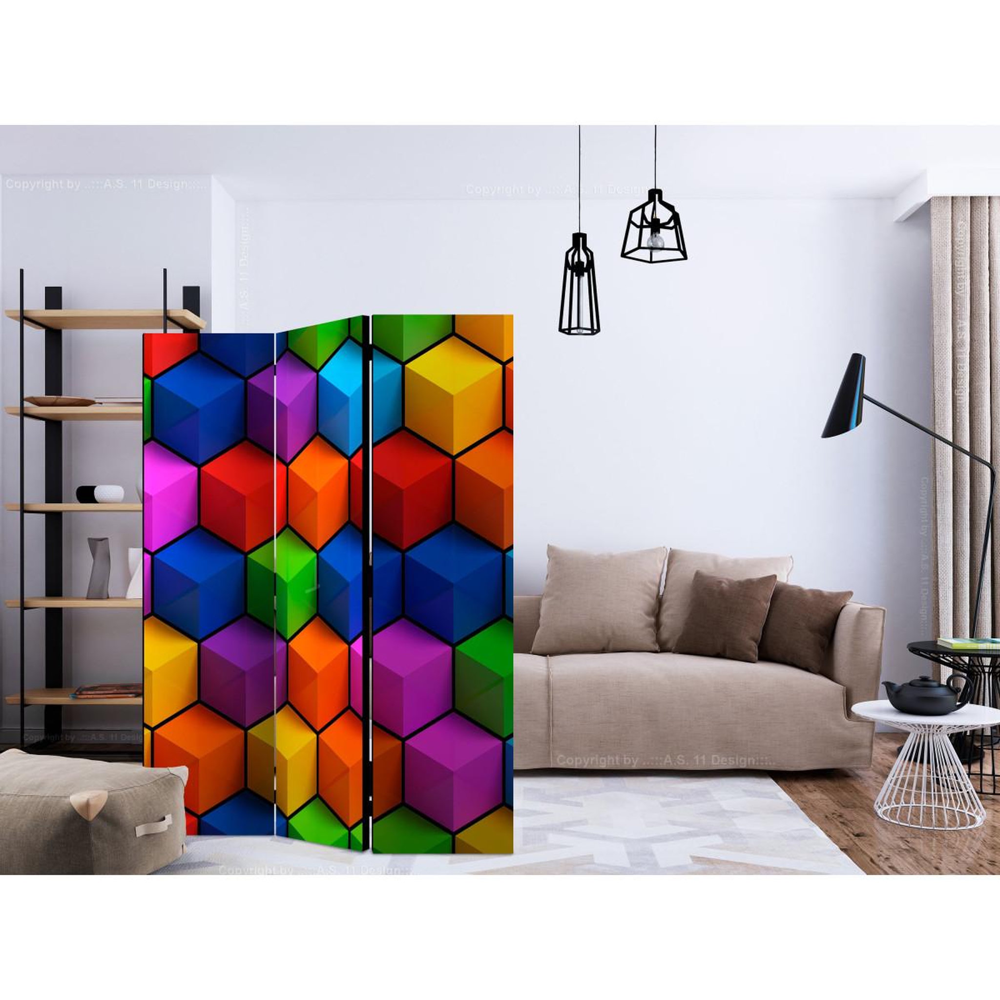 Voir la diapositive 2 : Paris Prix Paravent 3 volets  colorful geometric boxes  135x172cm