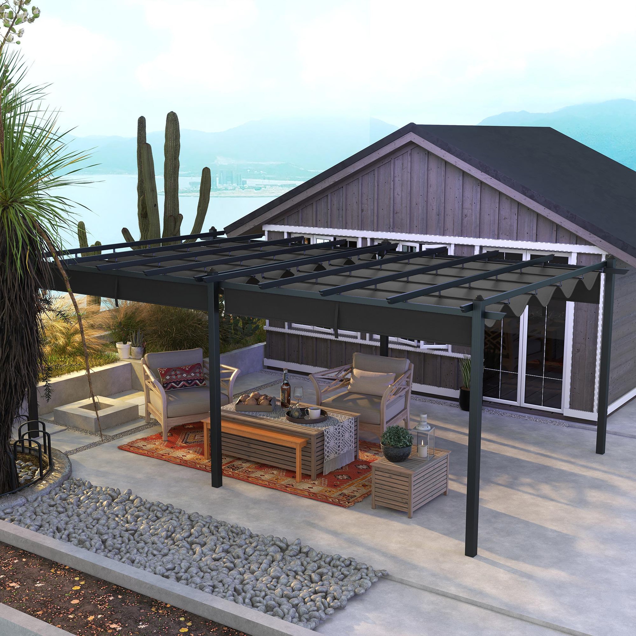 Voir la diapositive 2 : OUTSUNNY Pergola rétractable dim. 5,97L x 3,58l x 2,23H m structure robuste alu toile polyester haute densité 180 g/m² incluse gris