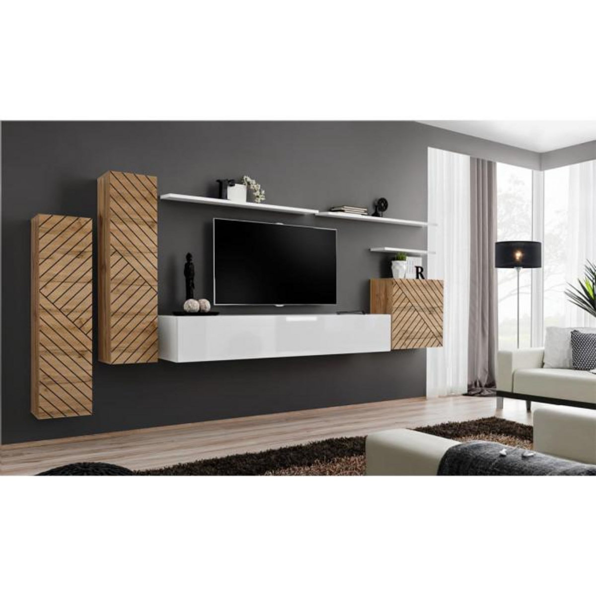 Paris Prix Ensemble Meuble TV  Switch Lamel I  330cm Blanc & Naturel
