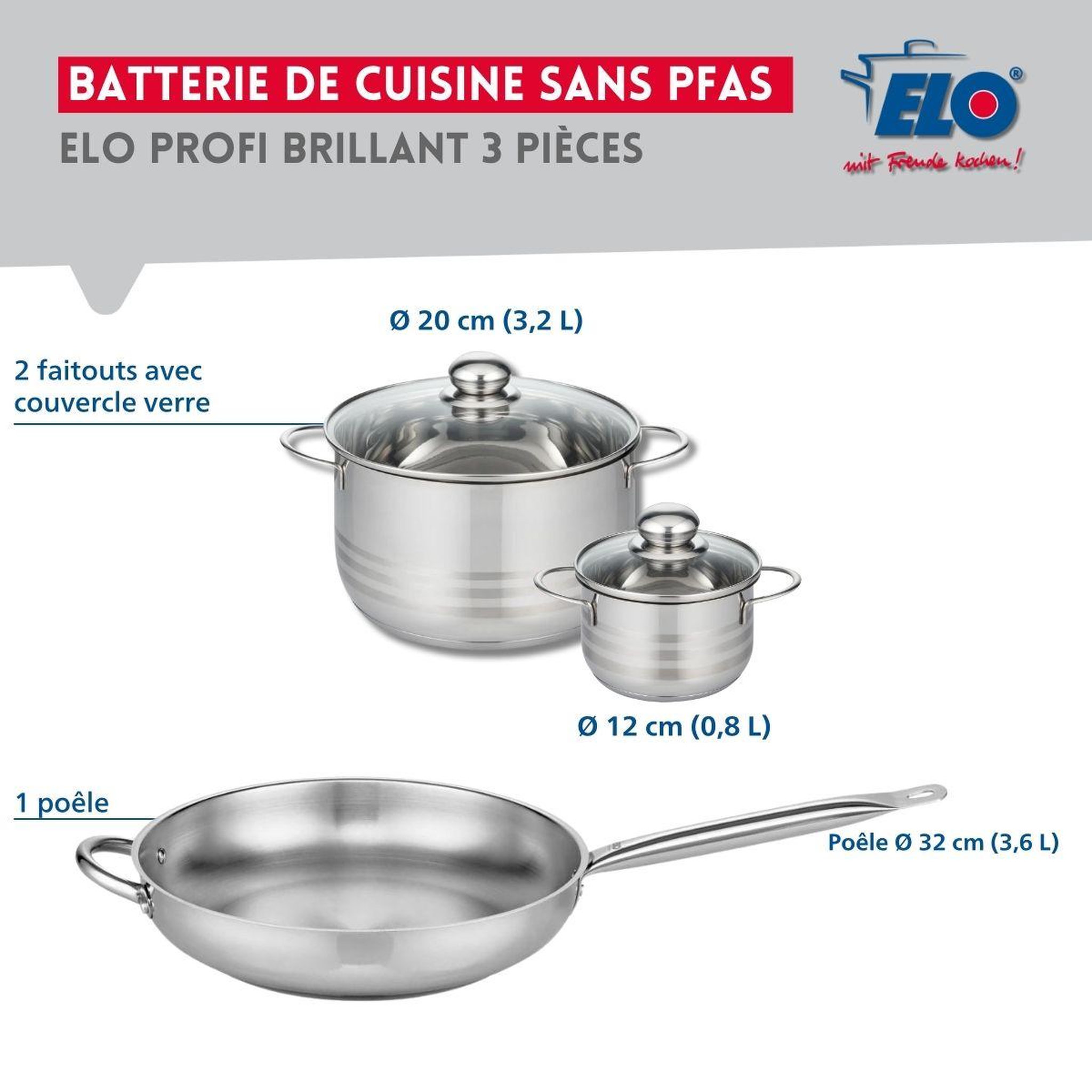 Voir la diapositive 2 : ELO Ensemble de 1 Poêle de cuisson 32 cm et 2 faitouts 12 et 20 cm Elo Profi Brillant