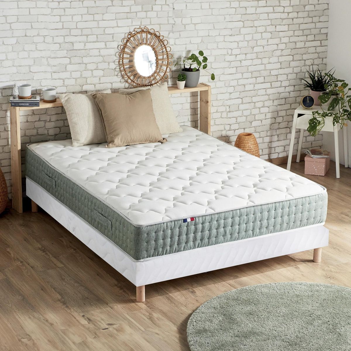 IDLITERIE Ensemble matelas Ressort 7 zones HYGGE + Sommier + couette + oreillers Fabriqué en France