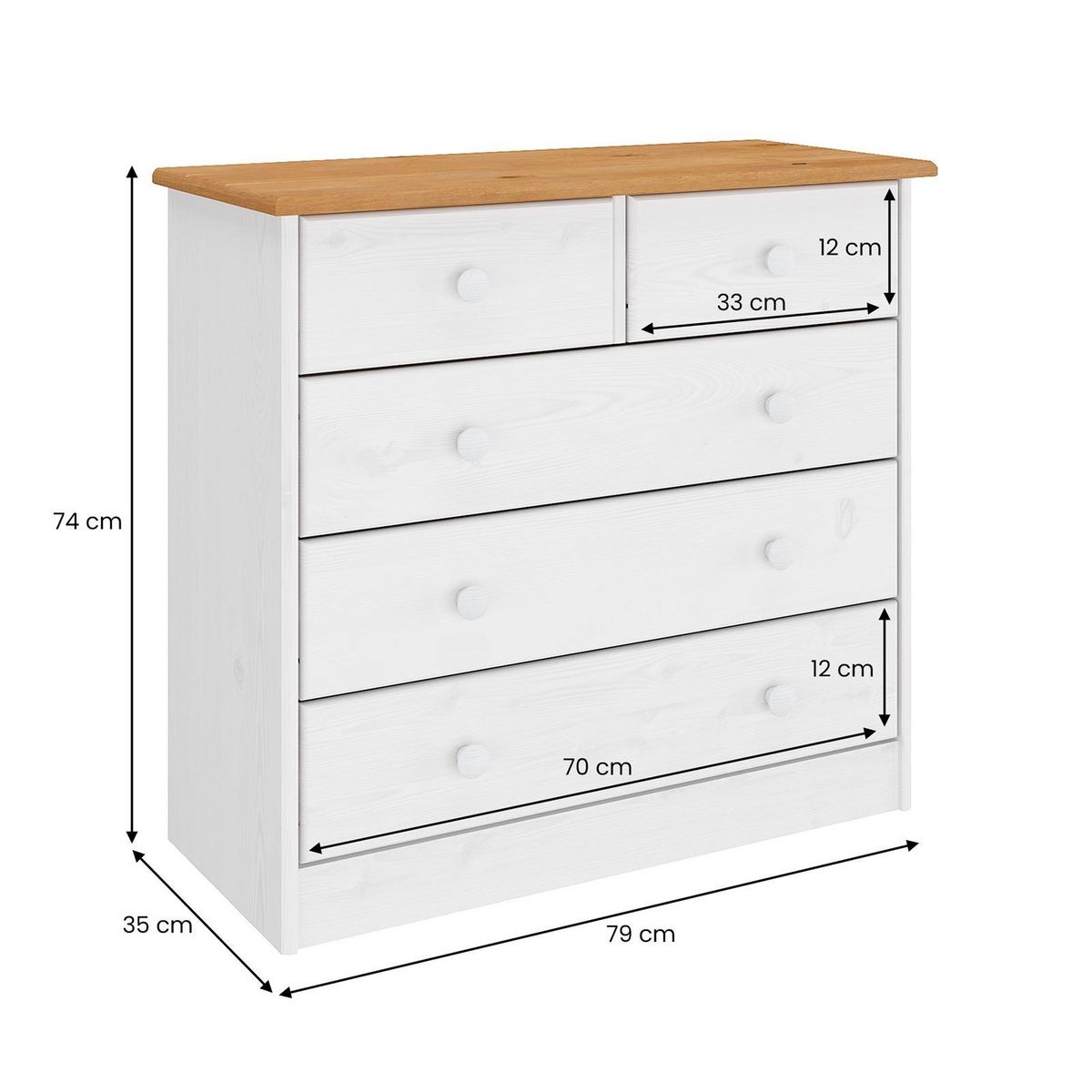 IDIMEX Commode en pin RONDO, 2+3 tiroirs