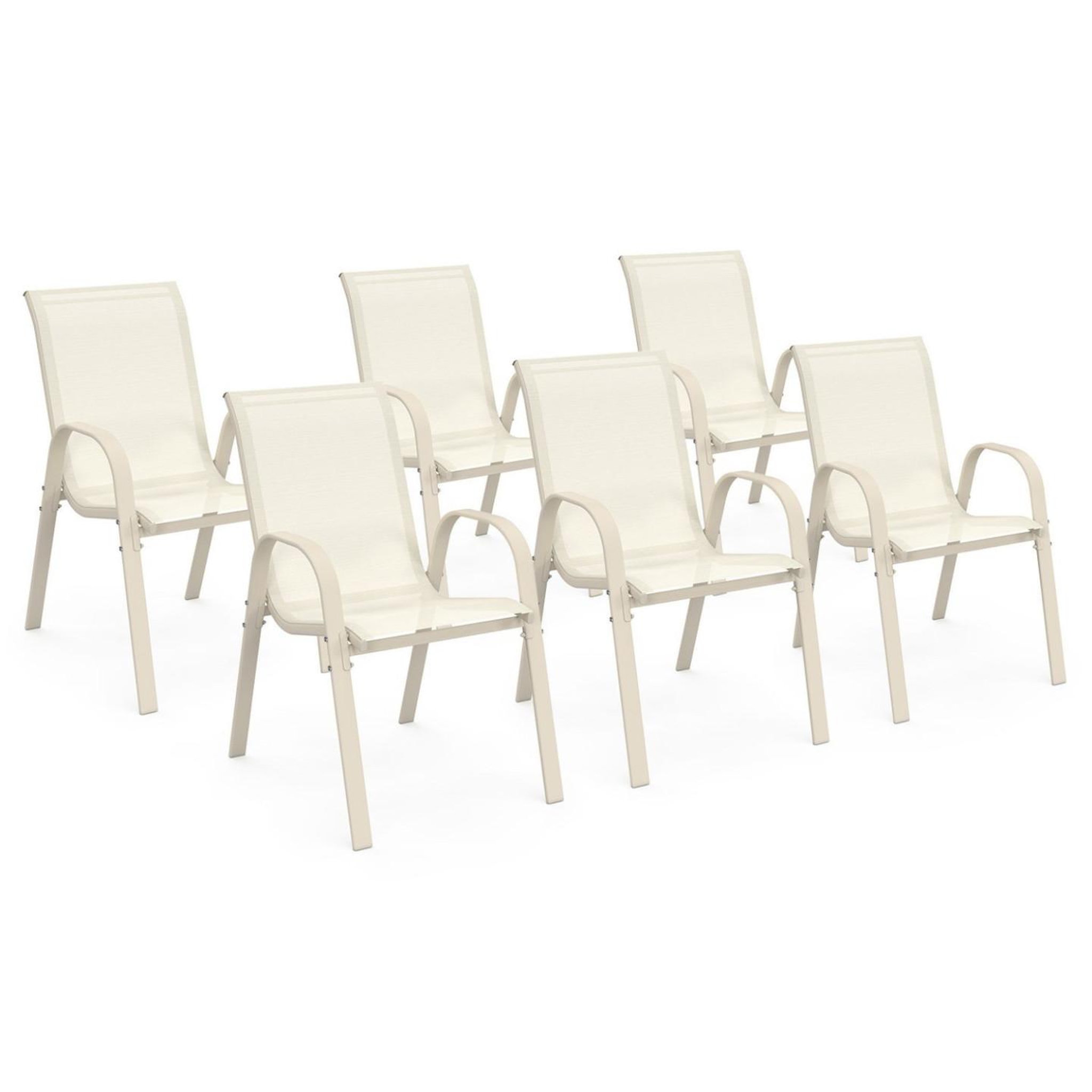 ID MARKET Lot de 6 chaises de jardin lyma métal et textilène empilables beige