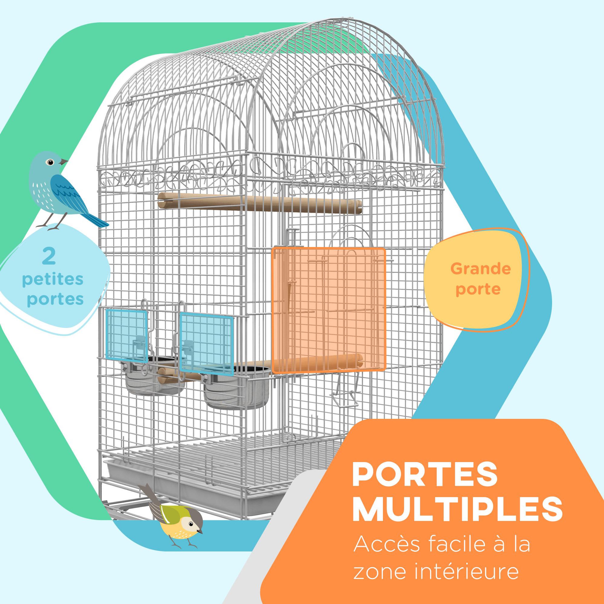 Voir la diapositive 4 : PAWHUT Cage à oiseaux volière sur roulettes - étagère, grille, plateau amovible, 2 bols acier inox, perchoir - acier blanc