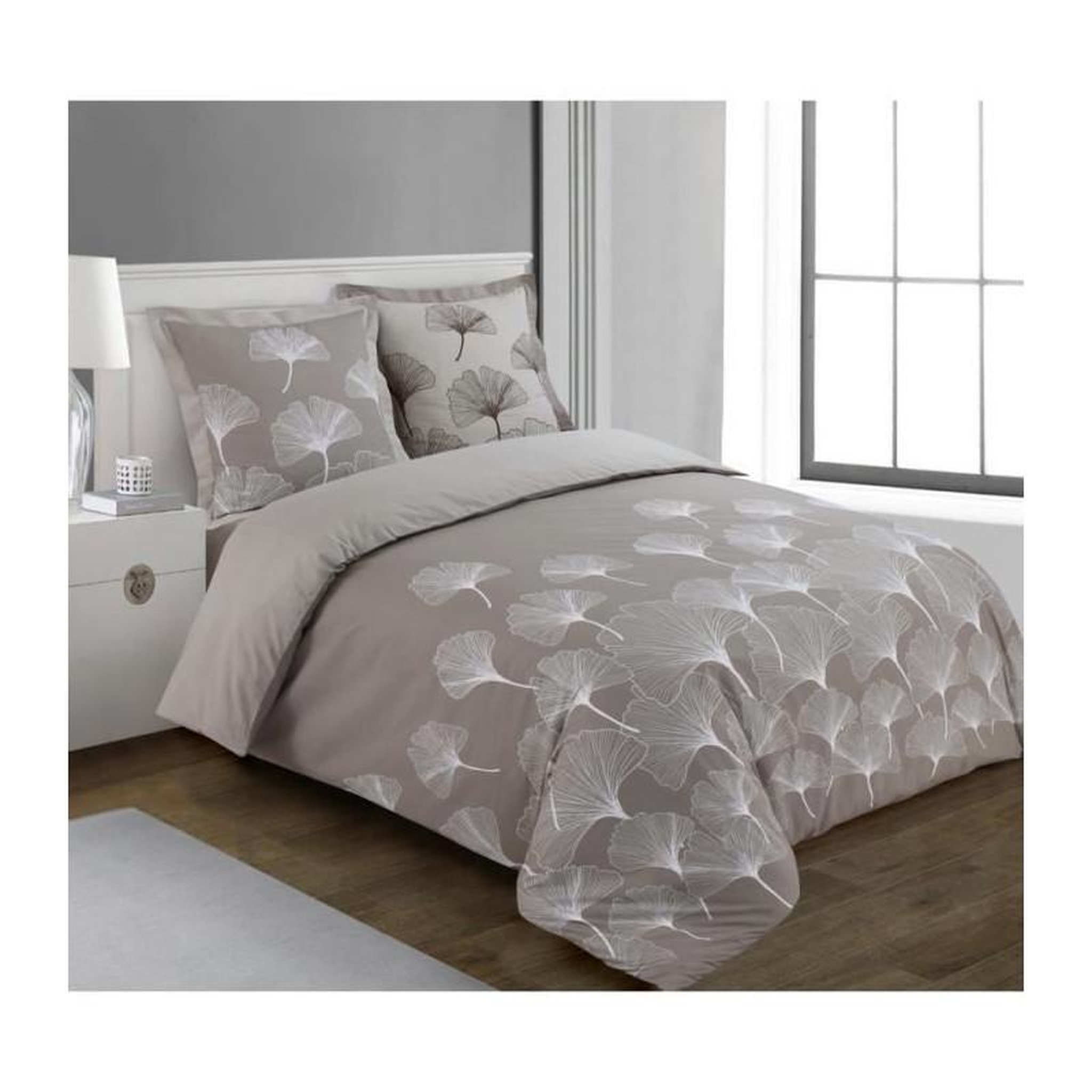 VISION VISION - Parure de lit réversible GINKO - 100%Coton - 1 housse de couette 200x200cm + 2 taies d'oreiller 65x65cm - Beige