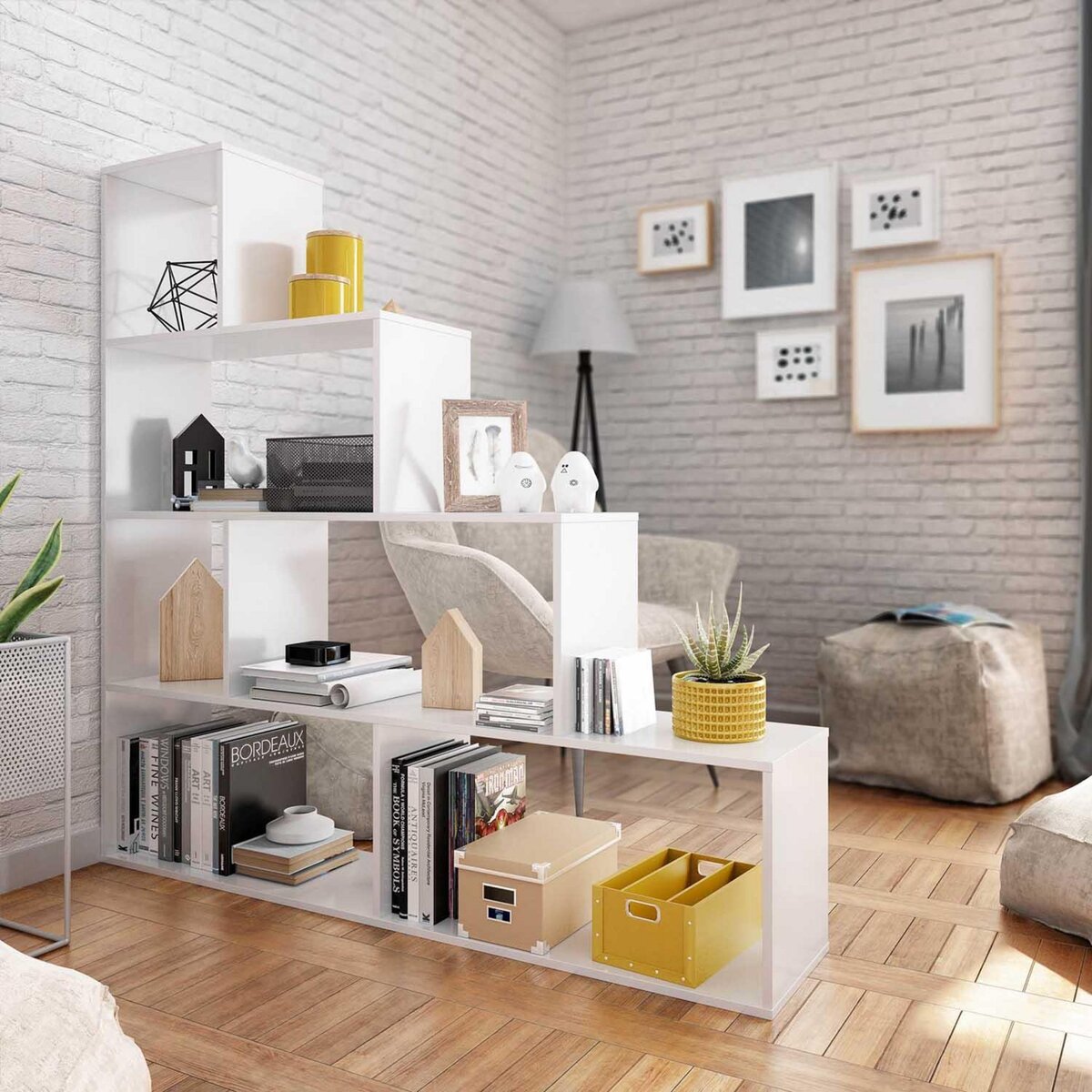 VS VENTA-STOCK Étagère Bibliothèque Jaén Blanc brillant 6 étagères, pour Salle à Manger ou Bureau