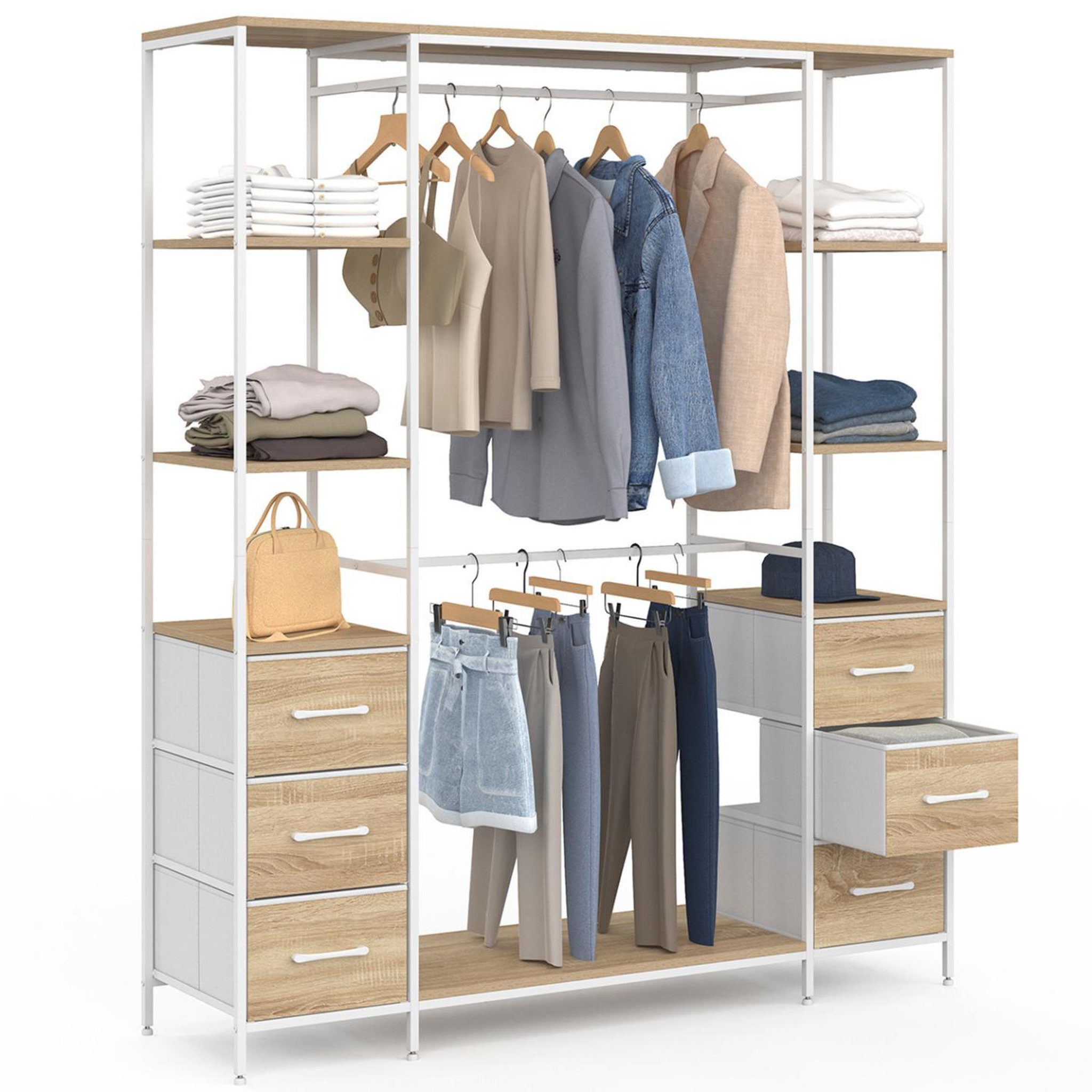 ID MARKET Dressing double penderie + double colonne L. 140 cm UTAH avec 6 étagères et 6 bacs en tissu bois et blanc