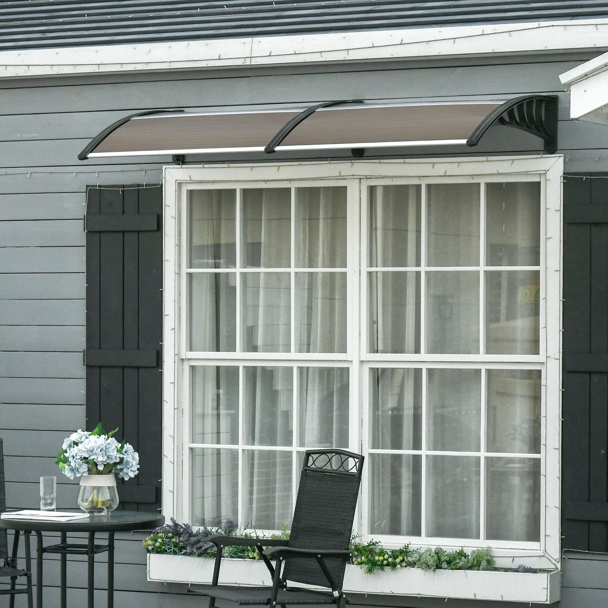 Voir la diapositive 2 : OUTSUNNY Auvent marquise de porte design voûté arrondi dim. 200L x 96l x 27H cm polycarbonate fumé brun PP noir