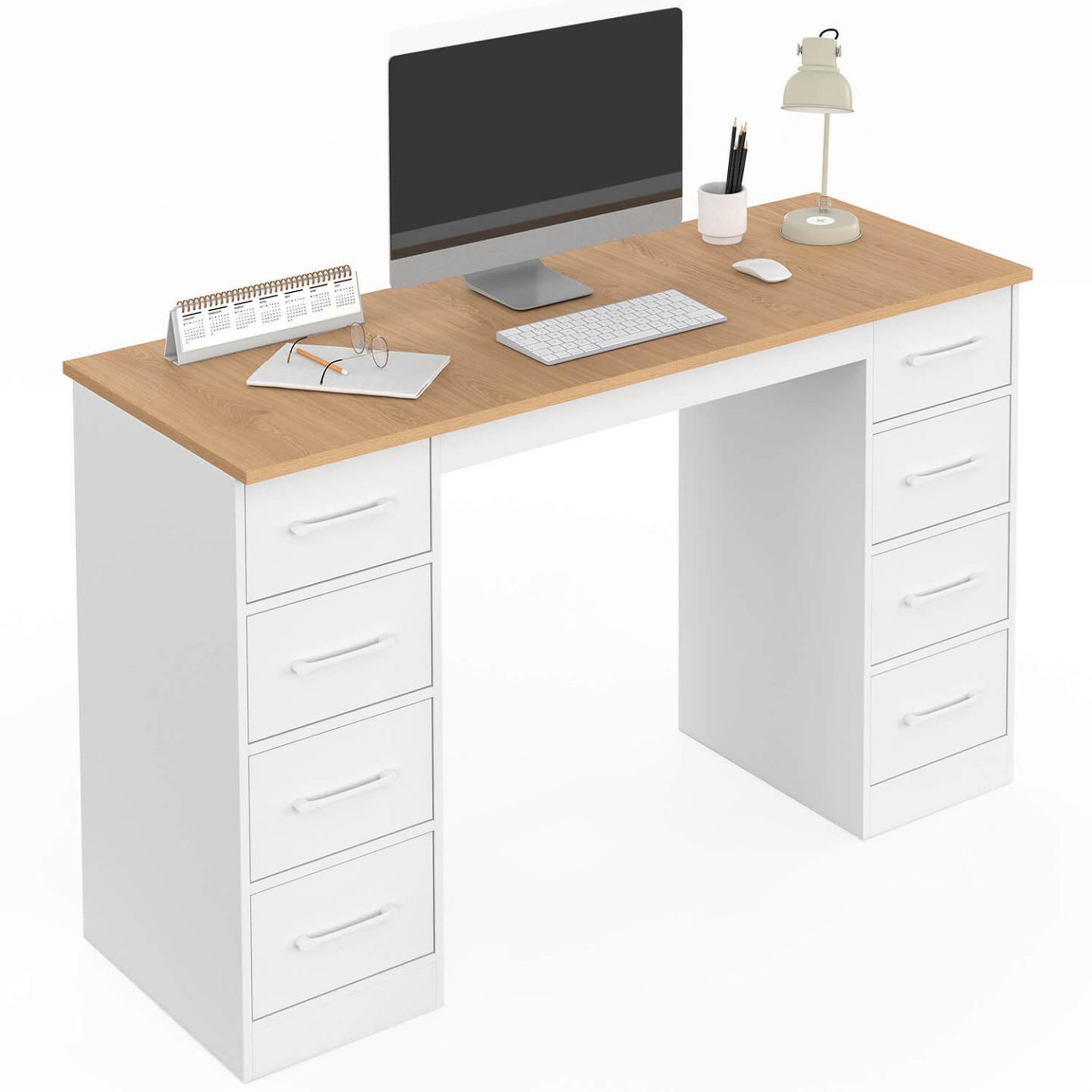ID MARKET Bureau avec 8 tiroirs en tissu 120x45 cm uppah blanc et bois