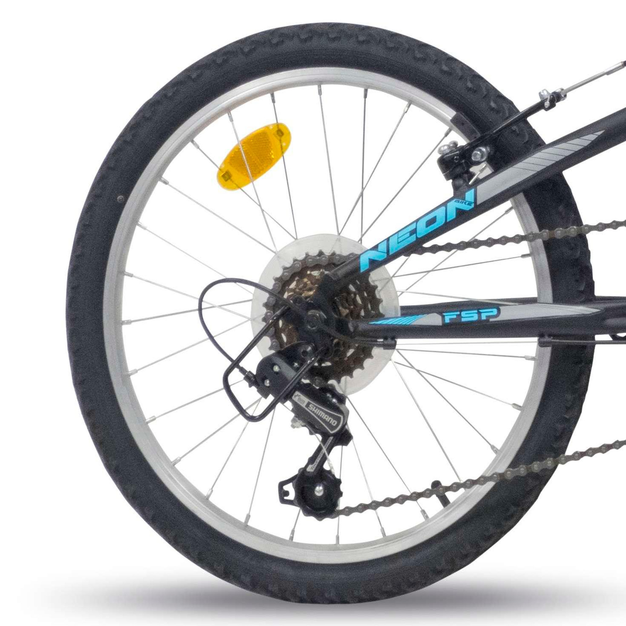 Voir la diapositive 5 : Vélo enfant (120/140 cm) - VTT 20  avec cadre et fourche suspendu, 6 vitesses via une poignée tournante et dérailleur Shimano TY21 + freins V-Brake et jantes en aluminium