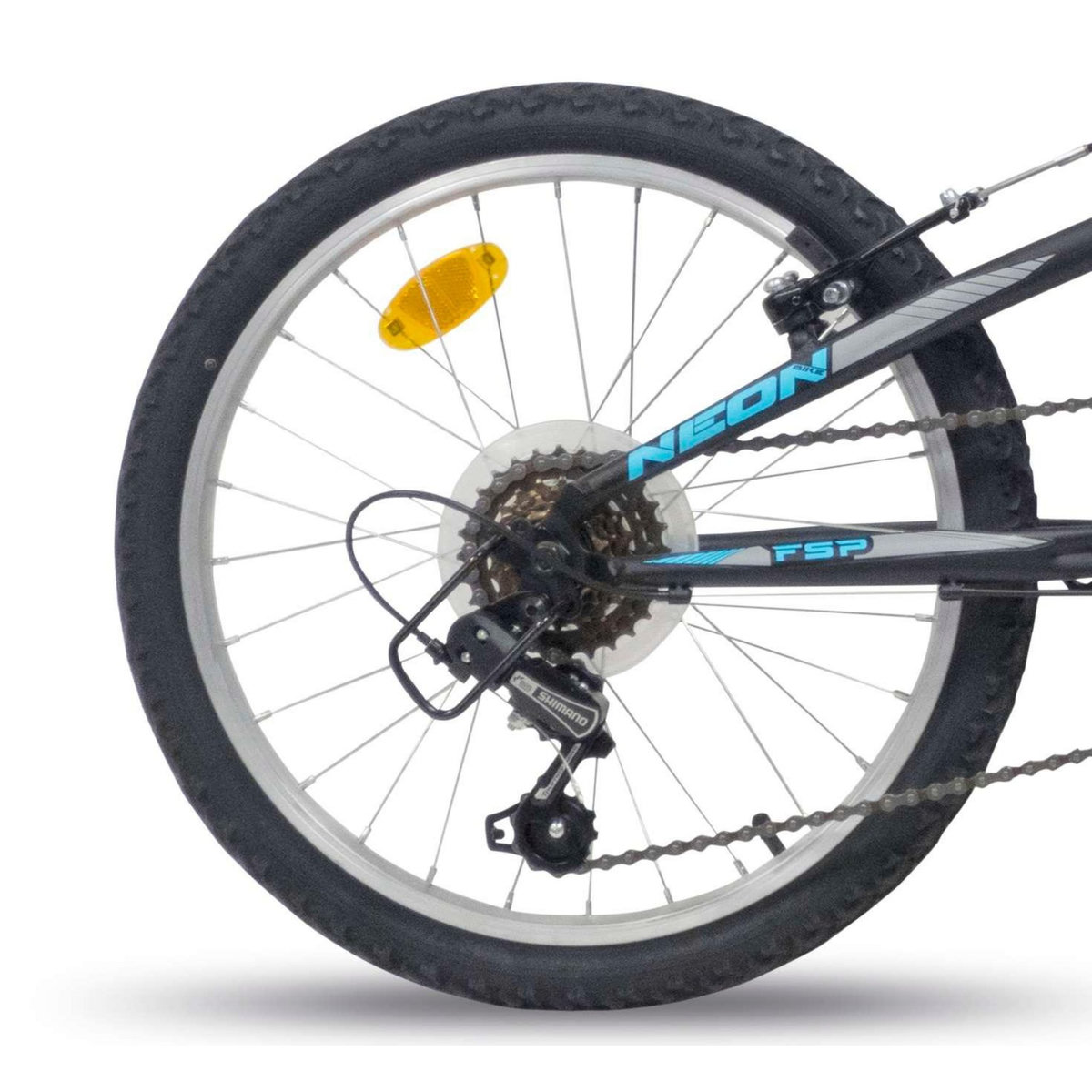 Vélo enfant (120/140 cm) - VTT 20  avec cadre et fourche suspendu, 6 vitesses via une poignée tournante et dérailleur Shimano TY21 + freins V-Brake et jantes en aluminium