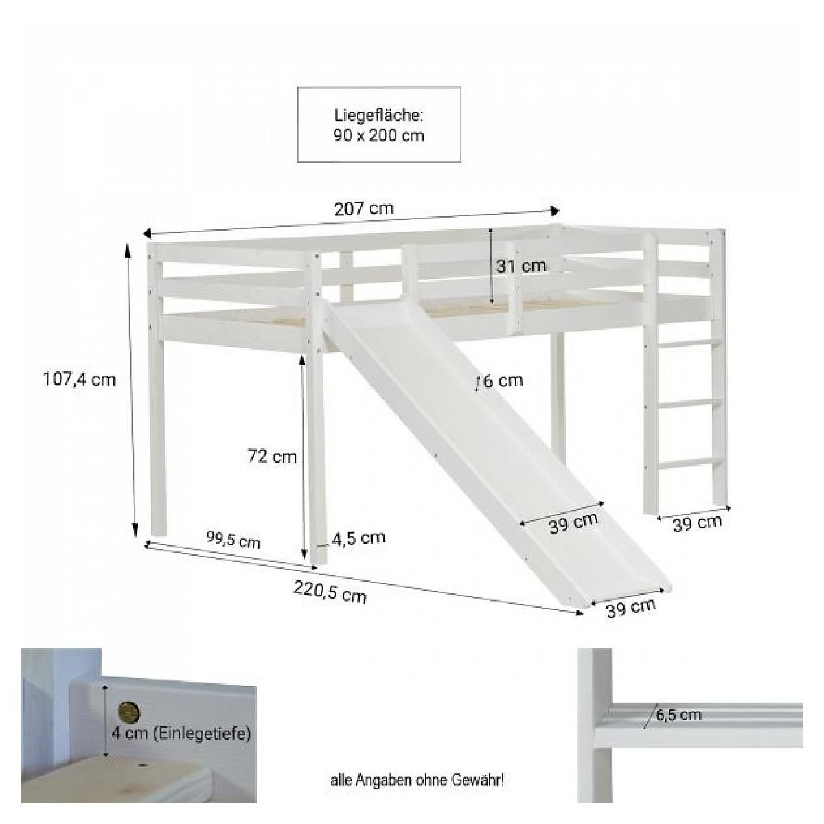 HomeStyle4U Lit mezzanine à lattes, échelle et toboggan 90x200 cm