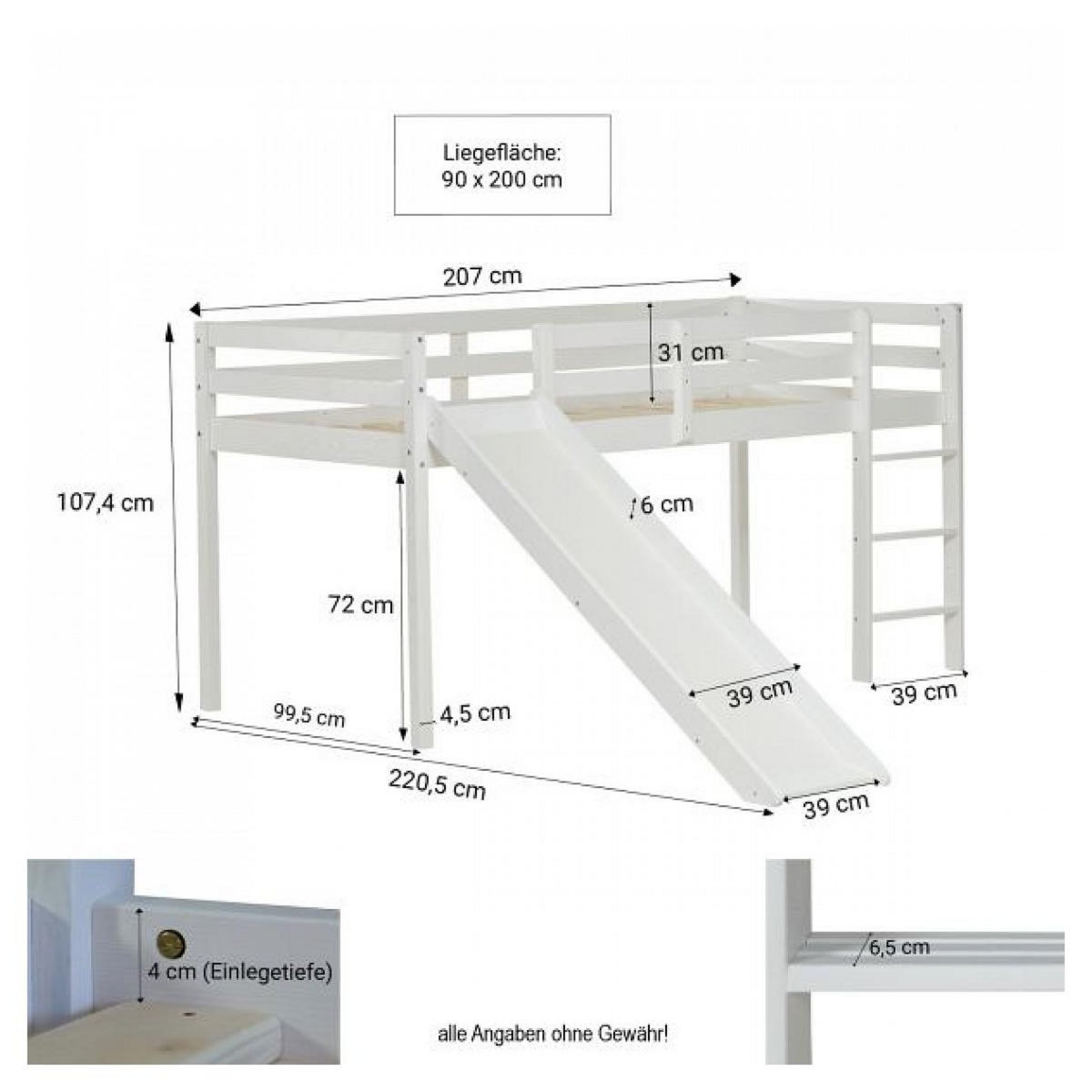 HomeStyle4U Lit mezzanine à lattes, échelle et toboggan 90x200 cm