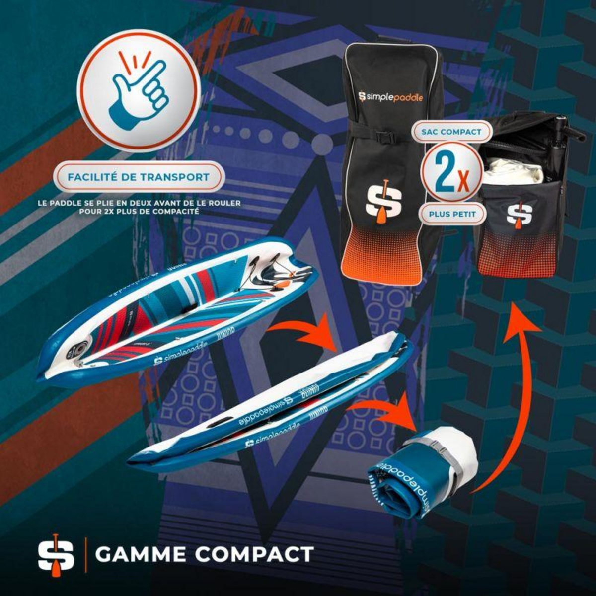 SIMPLE PADDLE Stand up Paddle Gonflable JUNIOR 8' 30'' 4'' (244 x 76 x 10 cm) Gamme COMPACT avec Pagaie, Leash, Pompe et Sac de Transport