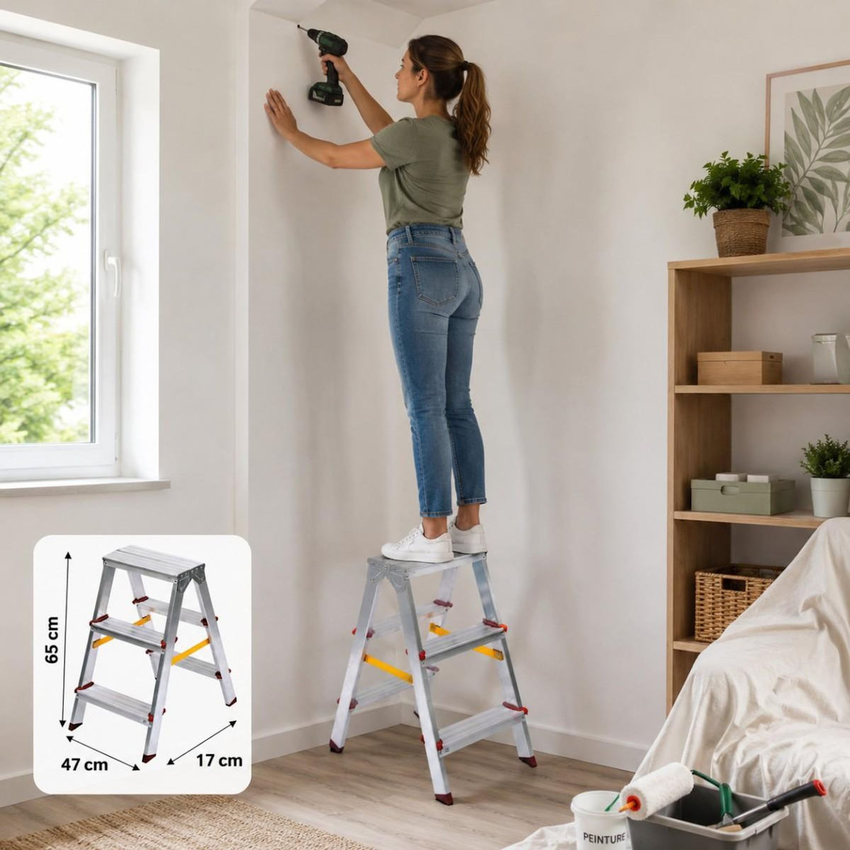 VITO Escabeau Double 3 Marches Aluminium Pliable 65 cm – Marchepied Stable Antidérapant Charge 150 kg pour Bricolage et Travaux VITO