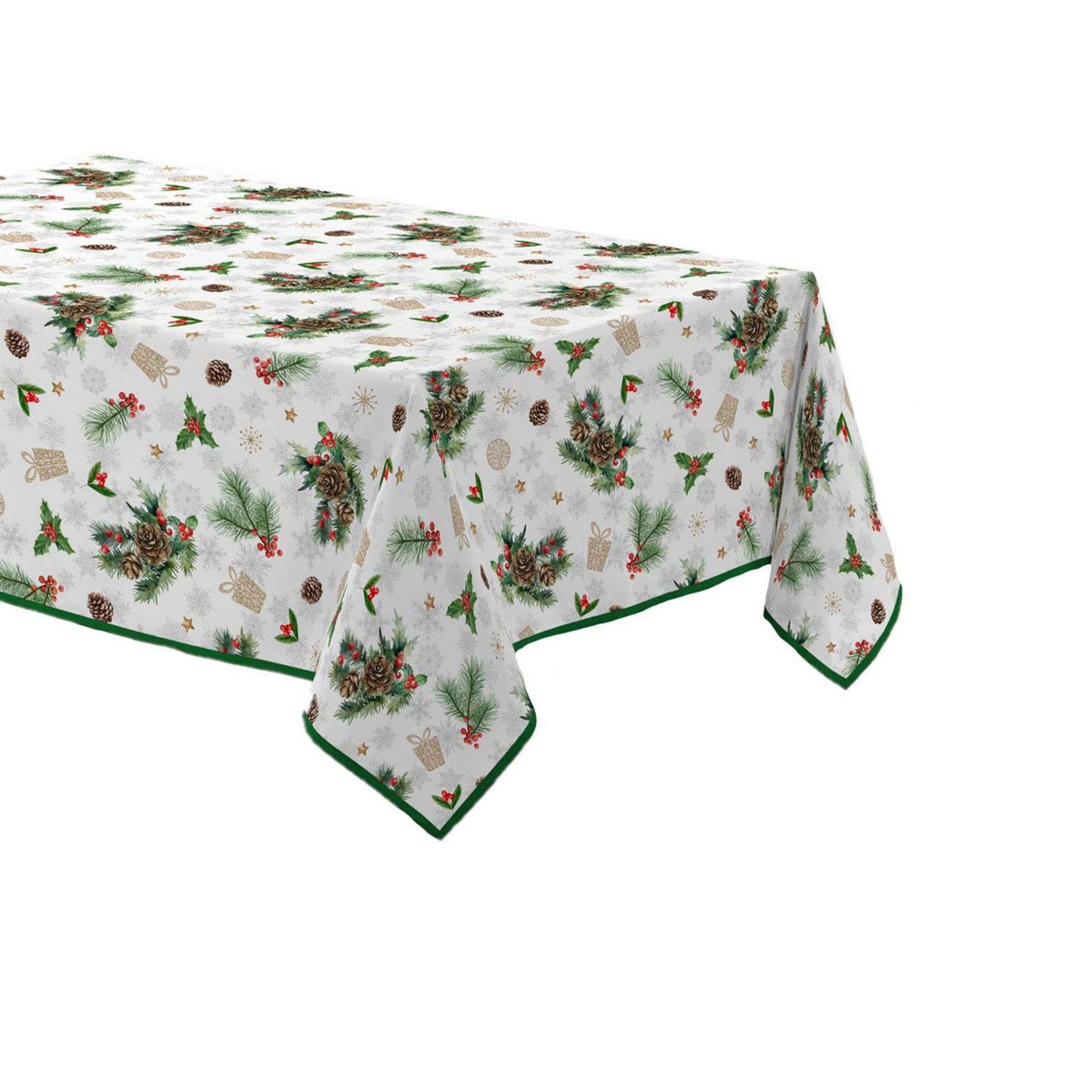 Douceur d'Intérieur Nappe rectangulaire antitache et infroissable Flore d'hiver - 150 x 240 cm - Blanc et vert