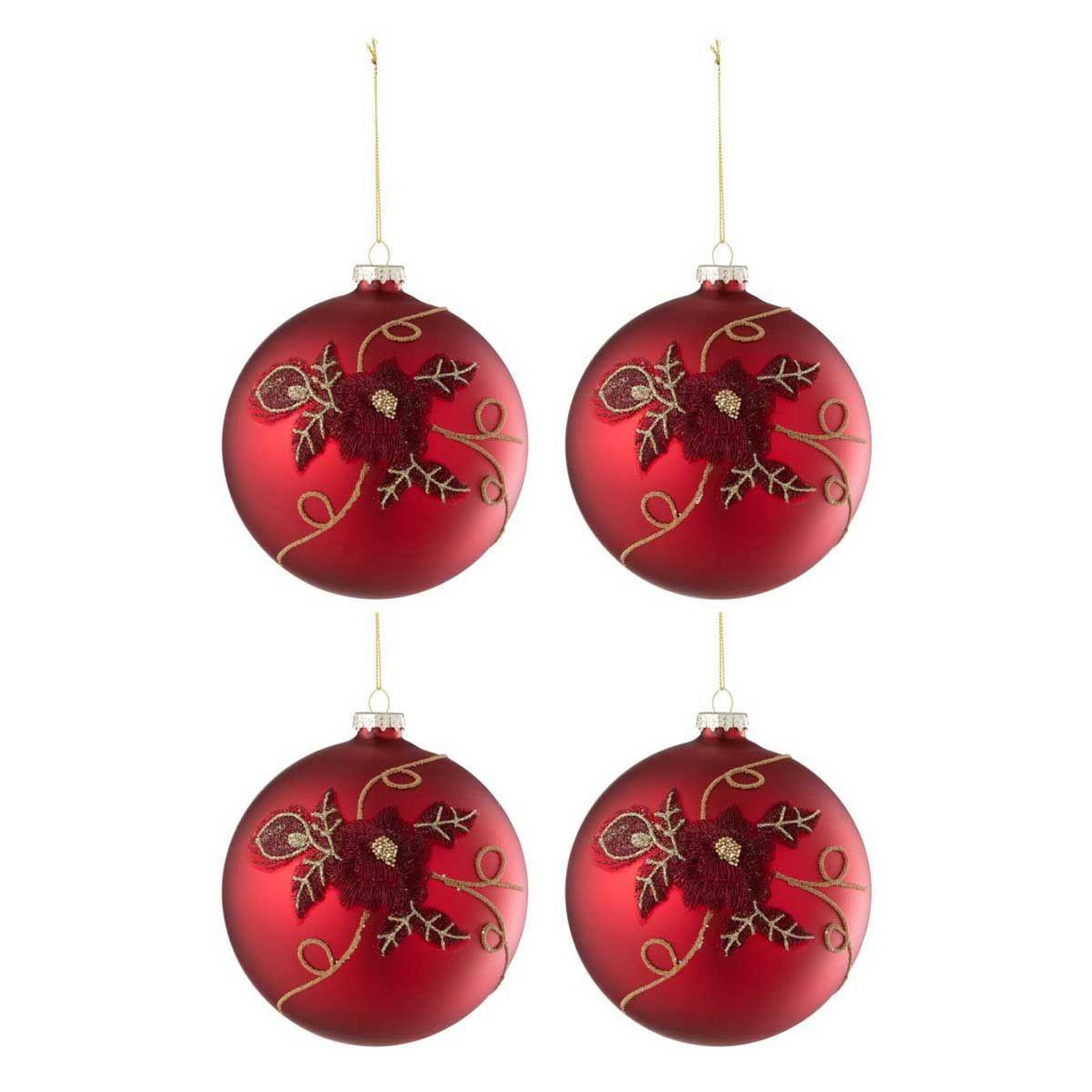 J-LINE Lot de 4 boules de noël fleurs  rosaline  12cm rouge