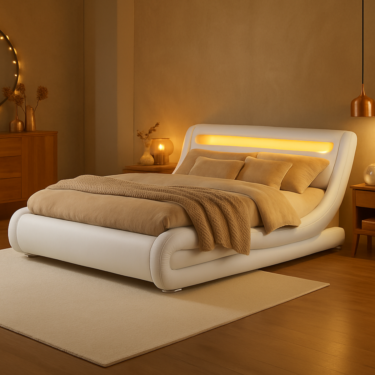 CONCEPT USINE Structure de lit avec LED 160 x 200 cm en PU blanc SEATTLE