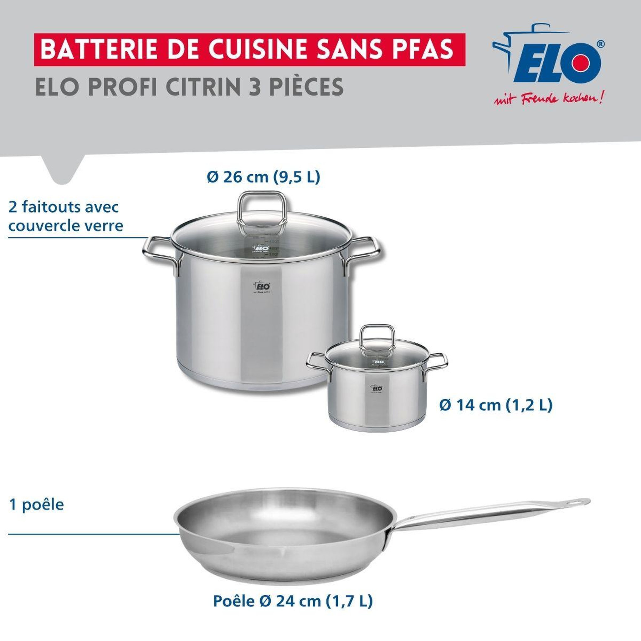 Voir la diapositive 2 : ELO Ensemble de 1 poêle de cuisson 24 cm et 2 faitouts 14 et 26 cm elo profi citrin