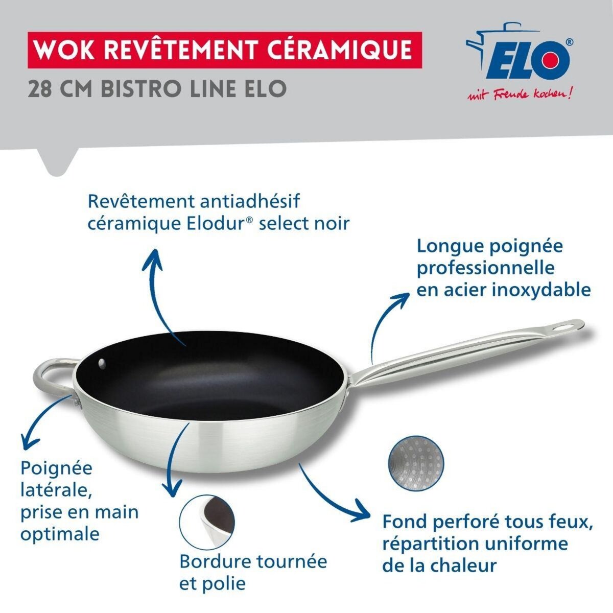 ELO Poêle wok 28 cm avec revêtement céramique sans PFAS et son couvercle Elo