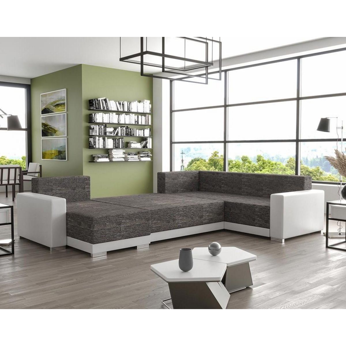 BEST MOBILIER Roger - canapé panoramique d'angle réversible 7 places convertible avec coffre en tissu