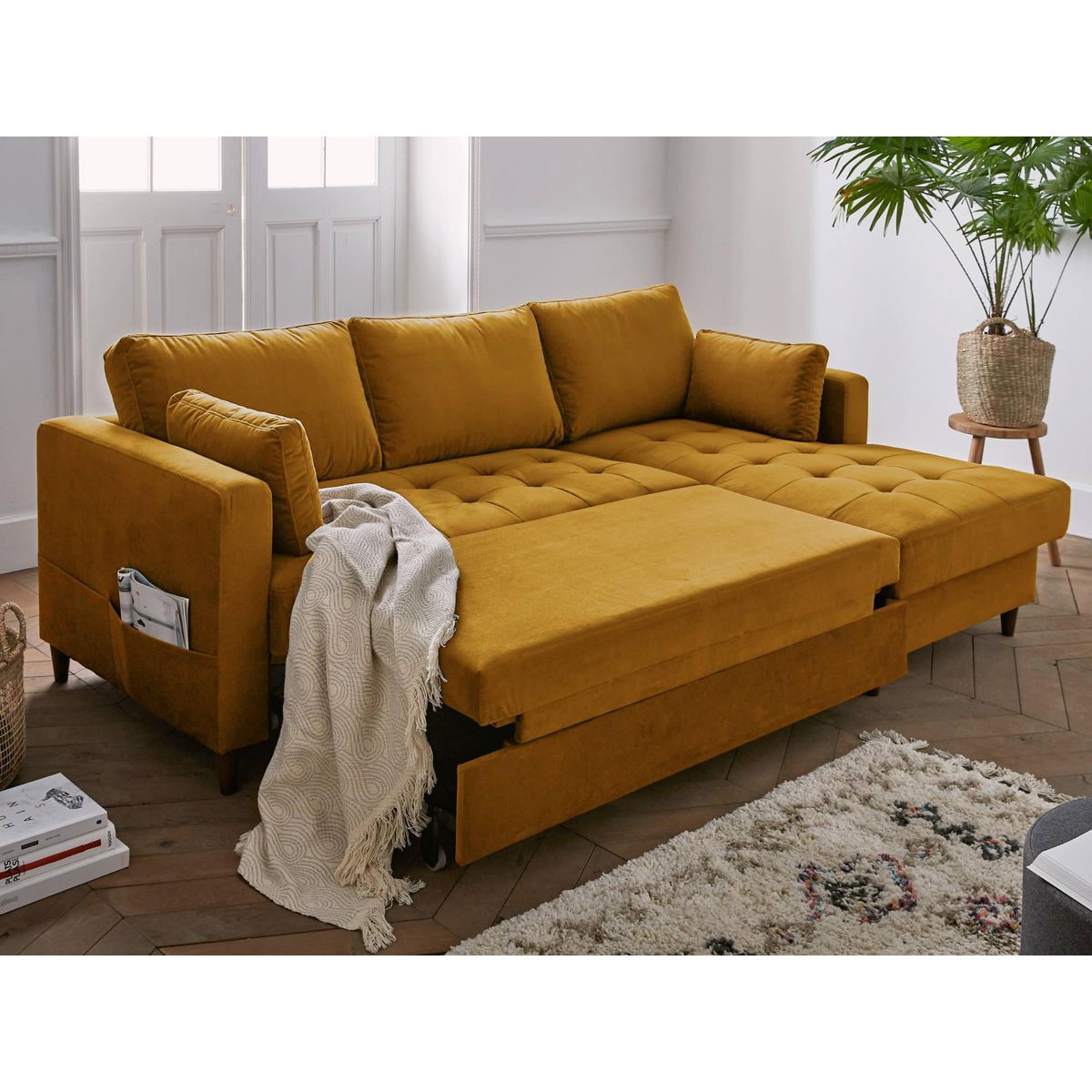 LISA DESIGN Anna - canapé d'angle droit - 4 places - convertible avec coffre - en velours