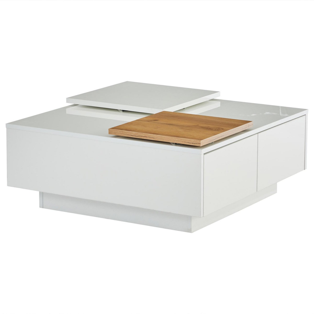 MERAX Table Basse Carrée Avec 4 Tiroirs Et 2 Plateaux Coulissants Blanc