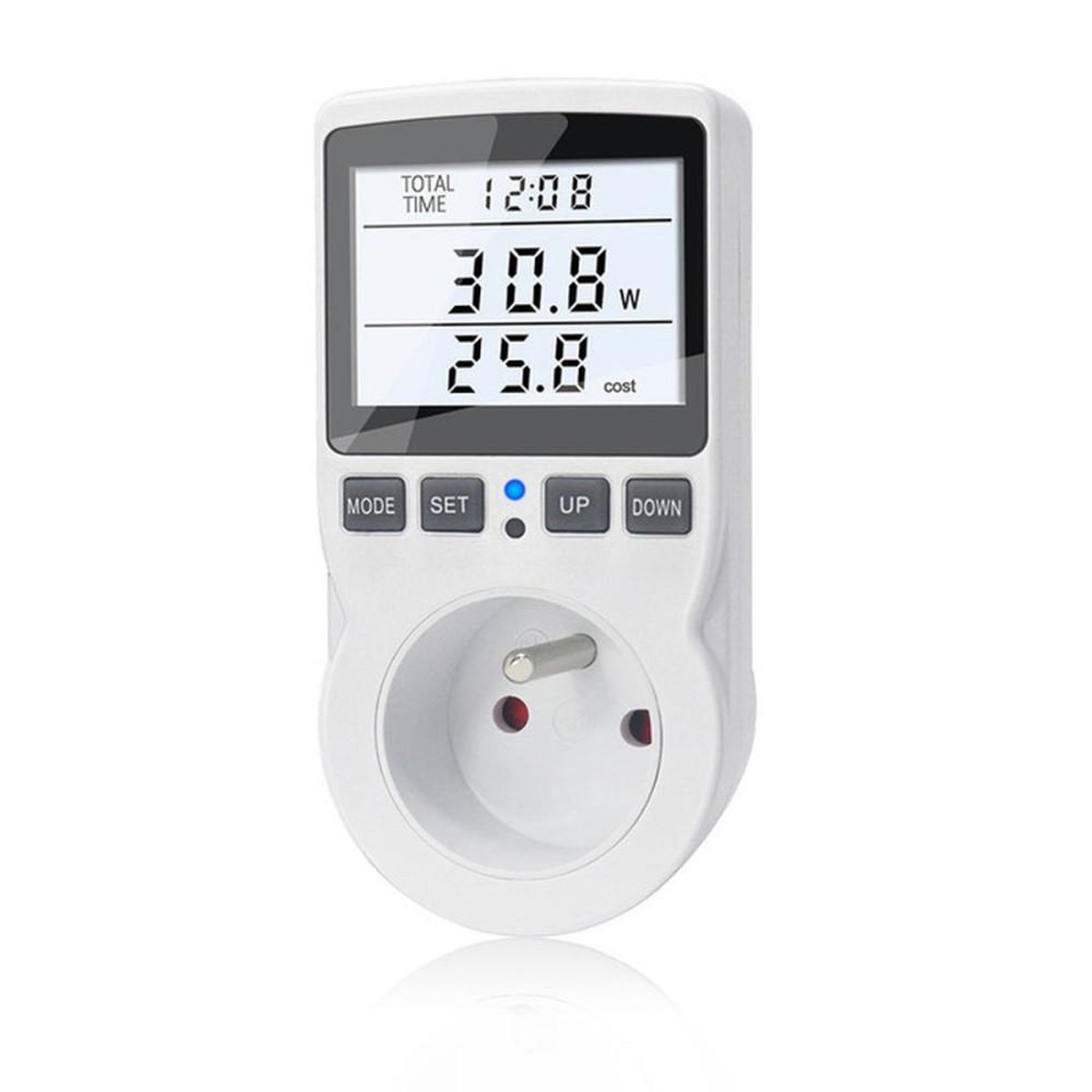 Prise wattmètre mesure l'énergie en temps réel 230 V, écran LCD rétroéclairé blanc, 11 modes, seuil de surcharge réglable jusqu'à 3680 W, alertes SURCHARGE