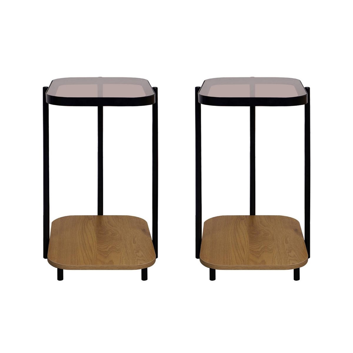 SWEEEK Lot de 2 bouts de canapé vintage en métal noir avec 2 plateaux (verre et décor bois). bords arrondis