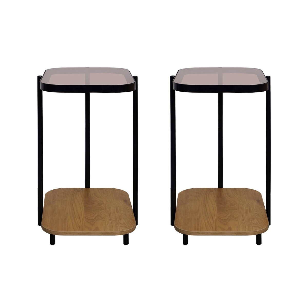 SWEEEK Lot de 2 bouts de canapé vintage en métal noir avec 2 plateaux (verre et décor bois). bords arrondis