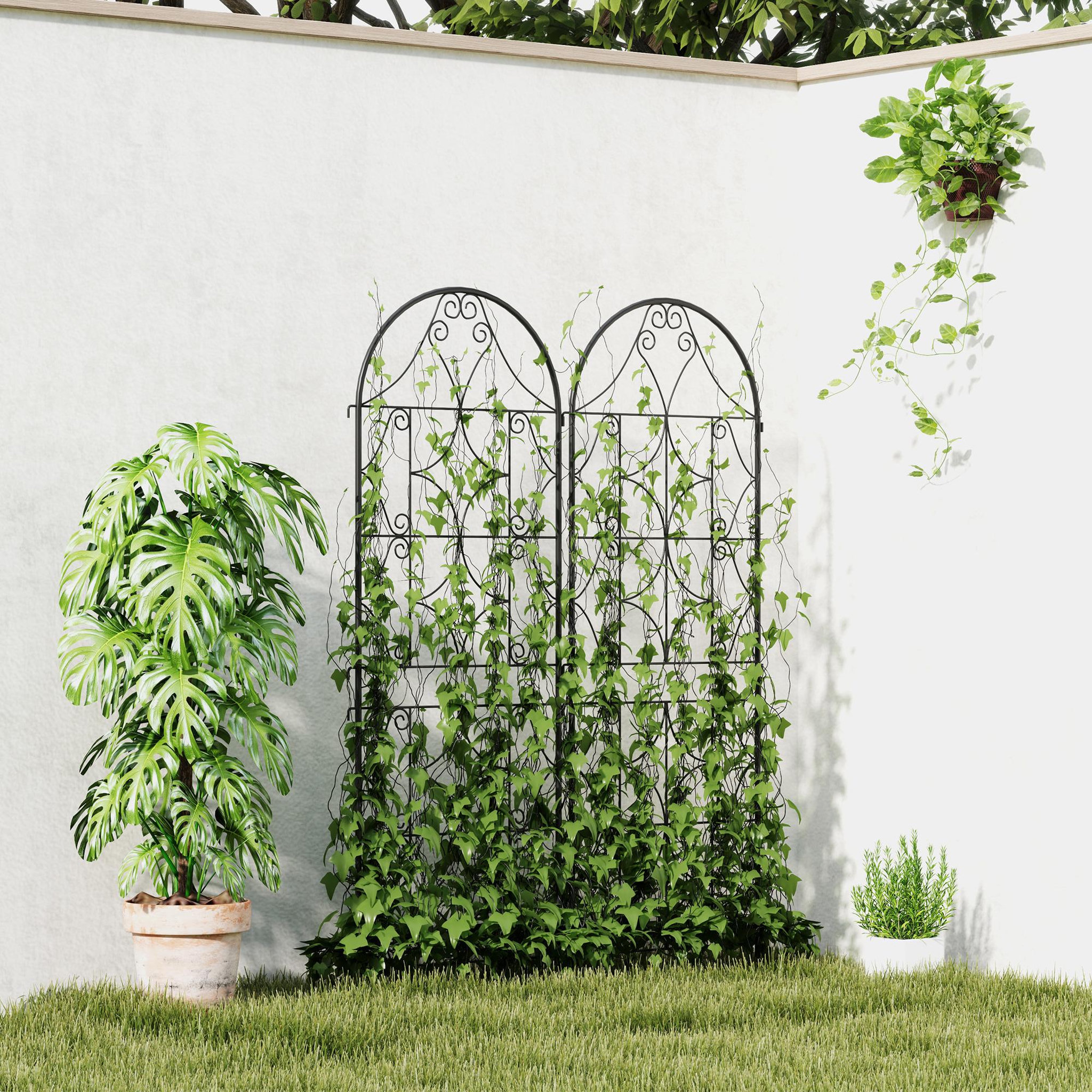 Voir la diapositive 4 : OUTSUNNY Treillis de jardin effet fer forgé - lot de 2 supports pour plantes grimpantes - 50 x 150 cm - métal époxy noir