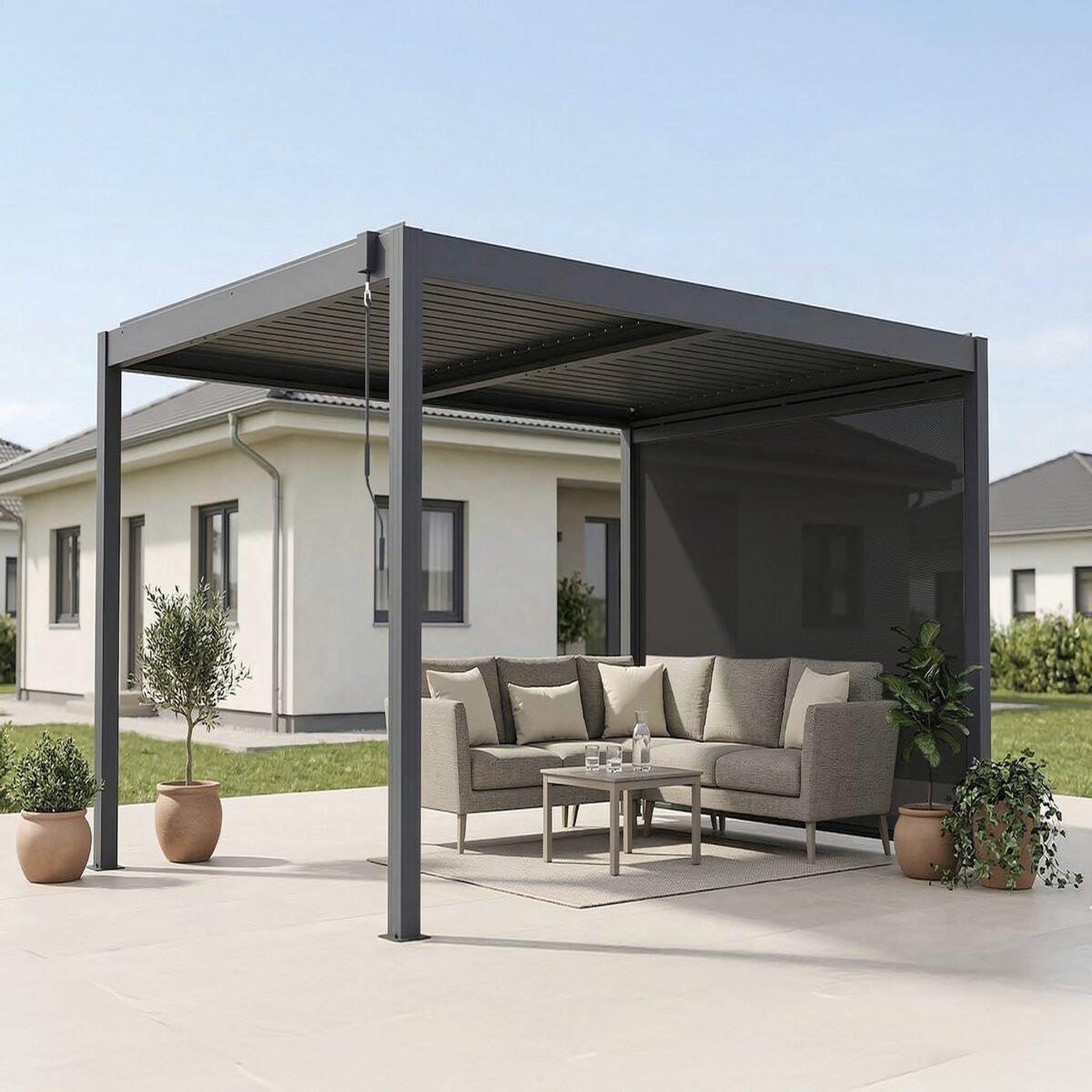 Voir la diapositive 2 : Habitat et Jardin Pergola bioclimatique avec led et store en aluminium  windsor premium  - 3 x 4 m - gris
