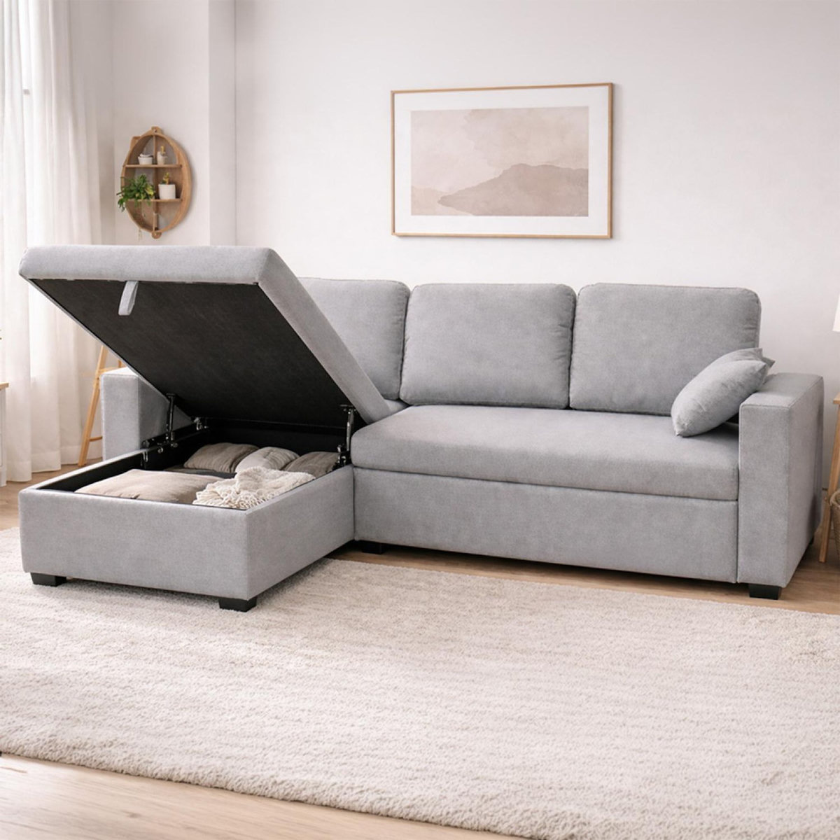 CONCEPT USINE Canapé d'angle convertible 3 places avec coffre en tissu gris CELBRIDGE