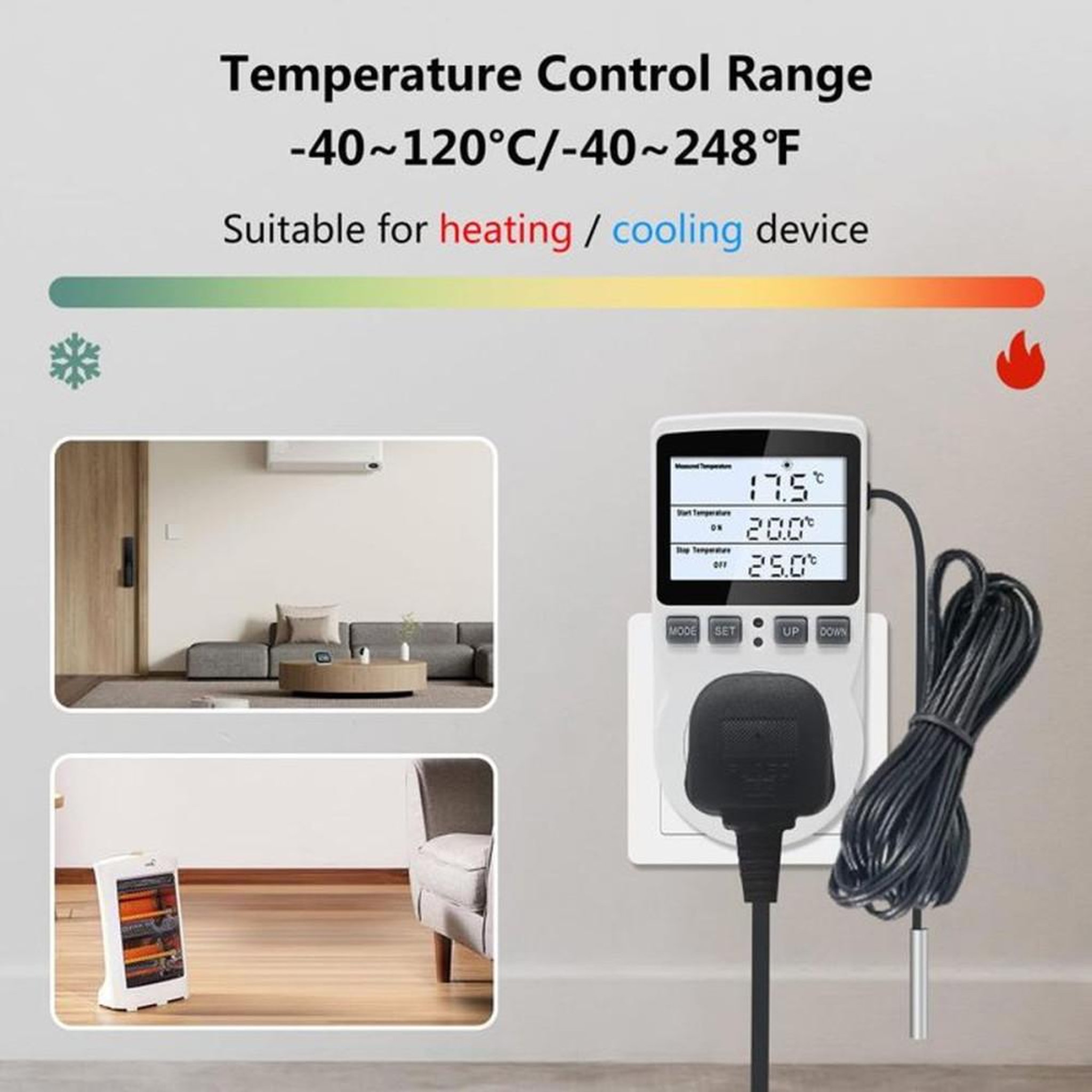 Voir la diapositive 3 : Thermostat digital à prise plug-in avec sonde NTC 3 m, écran LCD rétroéclairé réglable, mode chauffage ou refroidissement, programmation jusqu'à 99 h 59, 16A
