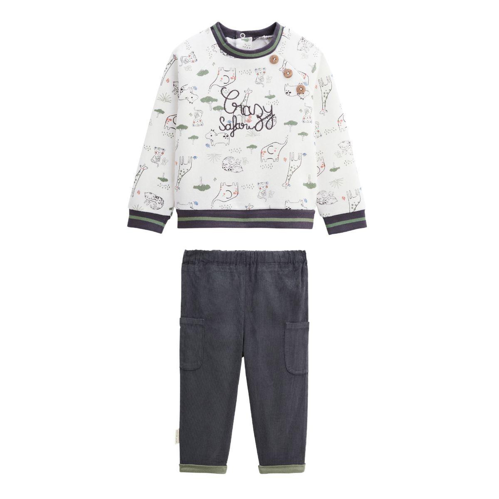 Petit Béguin Ensemble bébé sweat-shirt en molleton et pantalon en velours Crazy Safari. Coloris disponibles : Vert