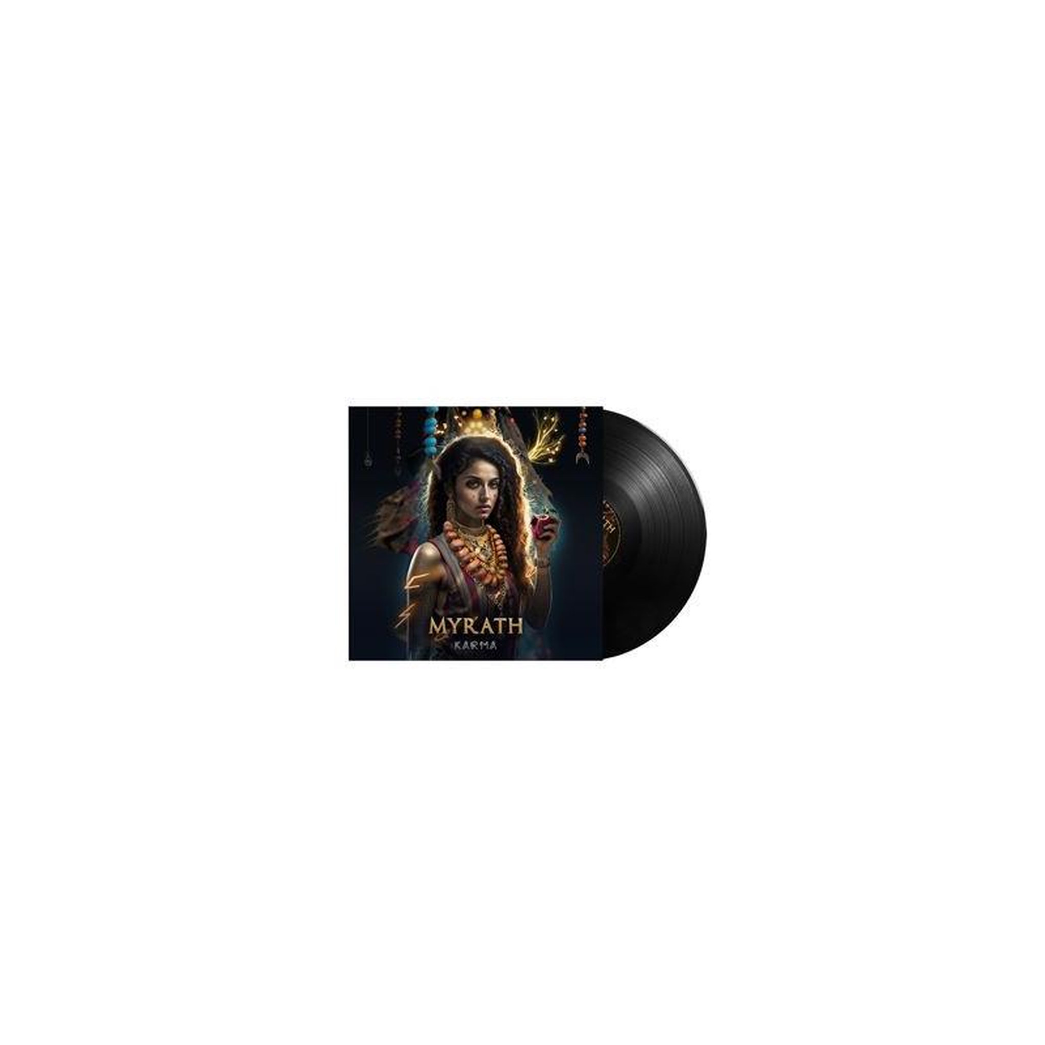 Vinyle lp myrath karma en noir, jaquette sombre avec portrait central et touches dorées