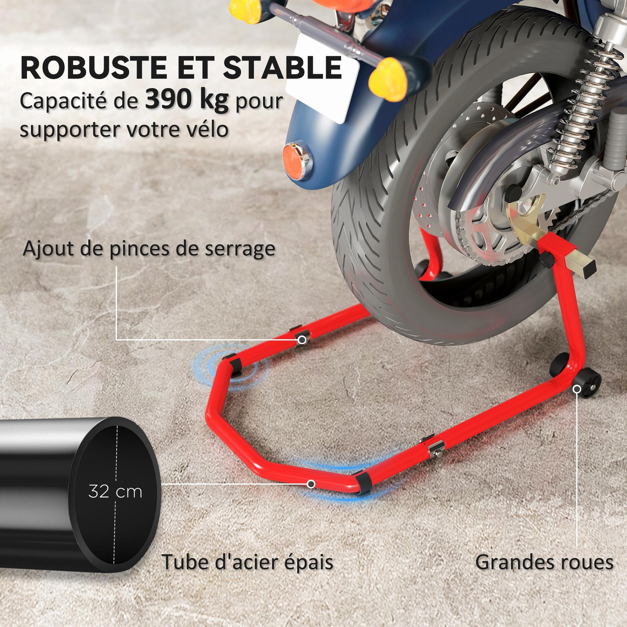 Voir la diapositive 5 : HOMCOM Béquille roue avant arrière charge 390 kg, béquille d'atelier moto avec bras réglable en acier, lève-moto fourche en forme de U + L, pour réparation entretien stockage domicile, rouge