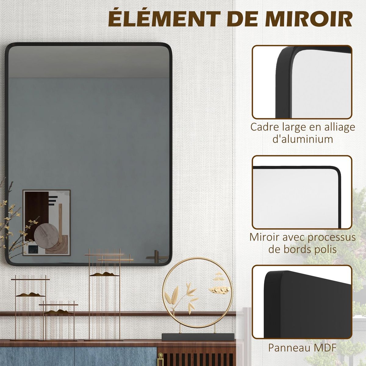 HOMCOM Miroir rectangulaire mural 91,4 x 61 cm cadre en aluminium style minimaliste décoration noir