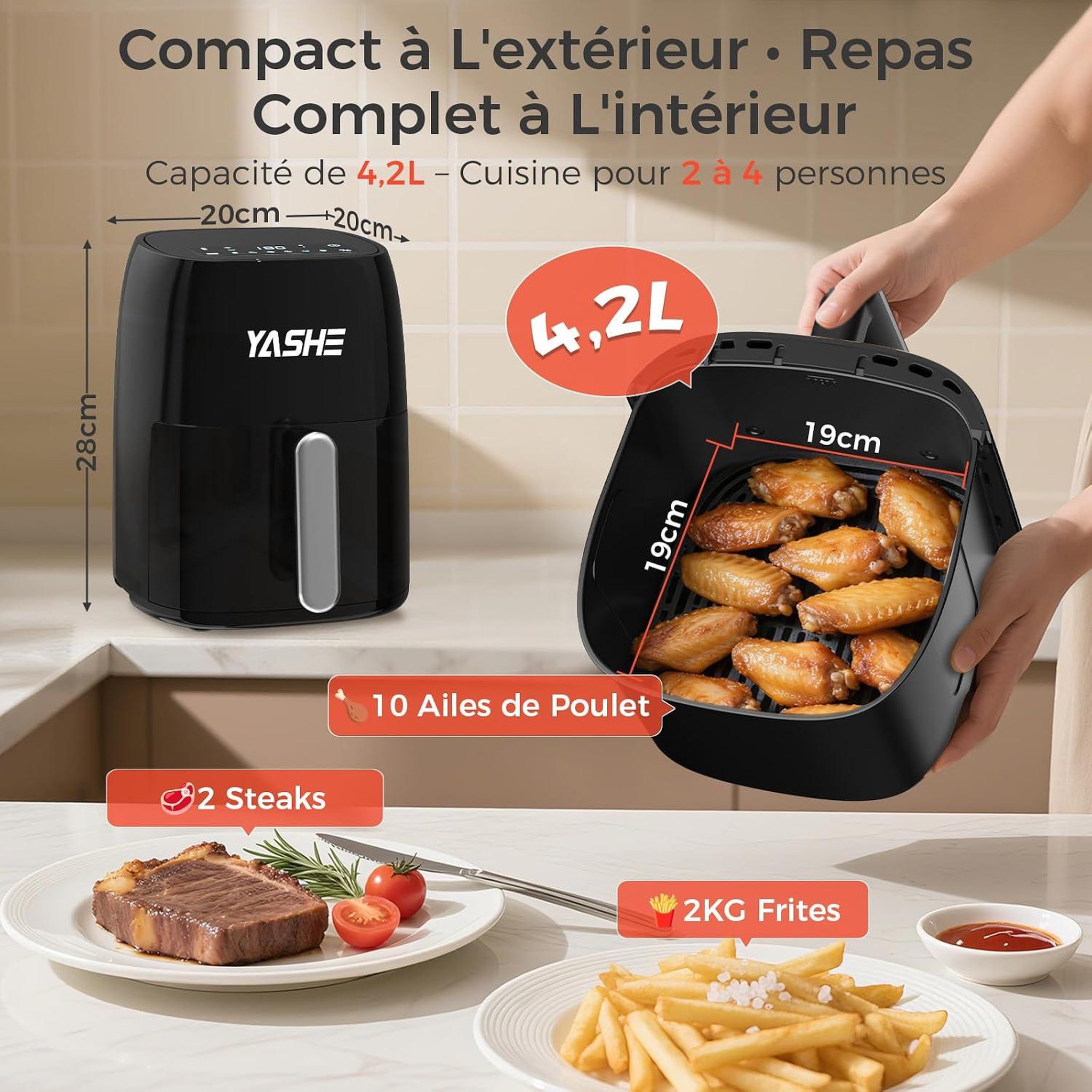 Voir la diapositive 4 : YASHE Friteuse à air, 4,2 L, 1500 W, 6 programmes