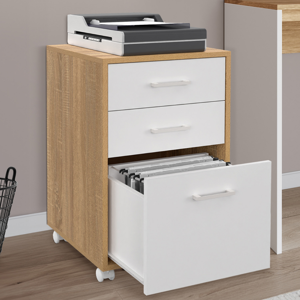 ID MARKET Caisson de bureau JON support imprimante 3 tiroirs blanc et bois