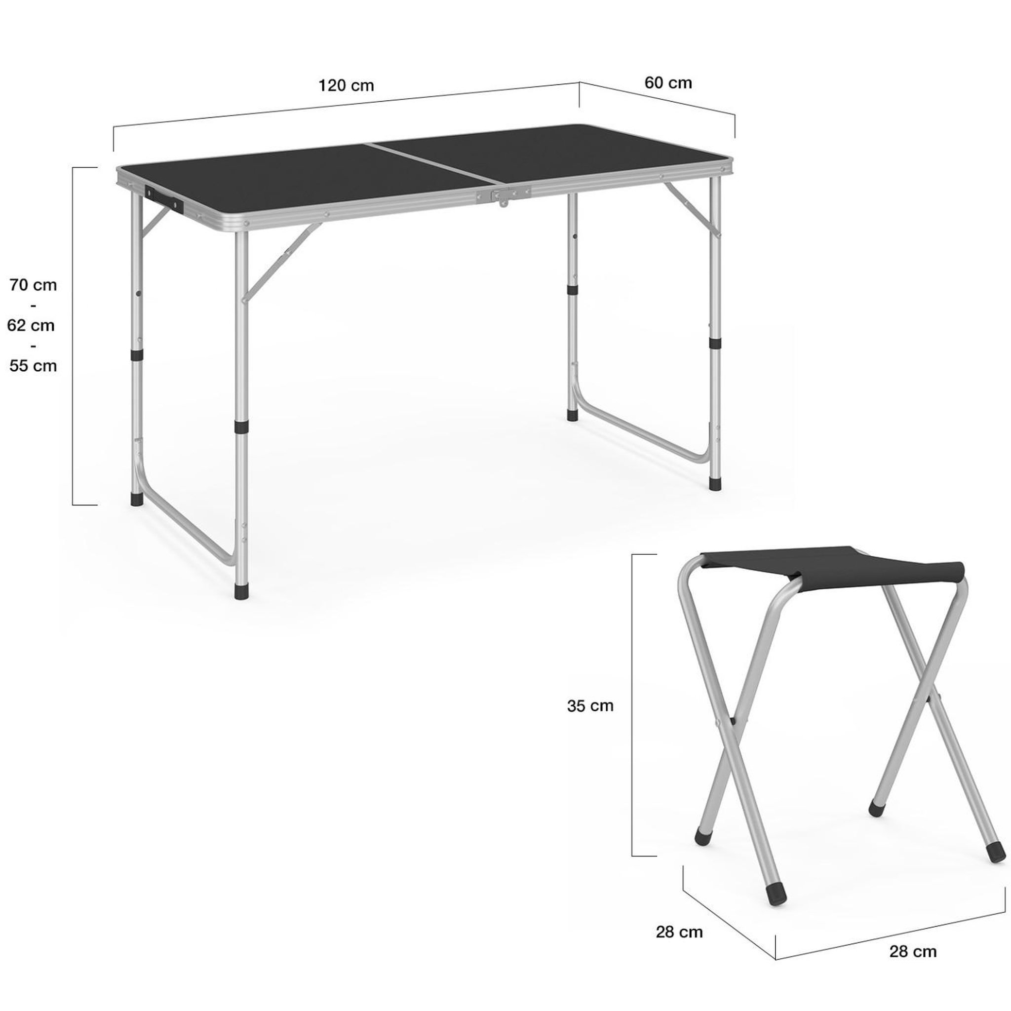 Voir la diapositive 3 : ID MARKET Table de camping pliante d'appoint 120 cm réglable en hauteur et 4 tabourets noirs