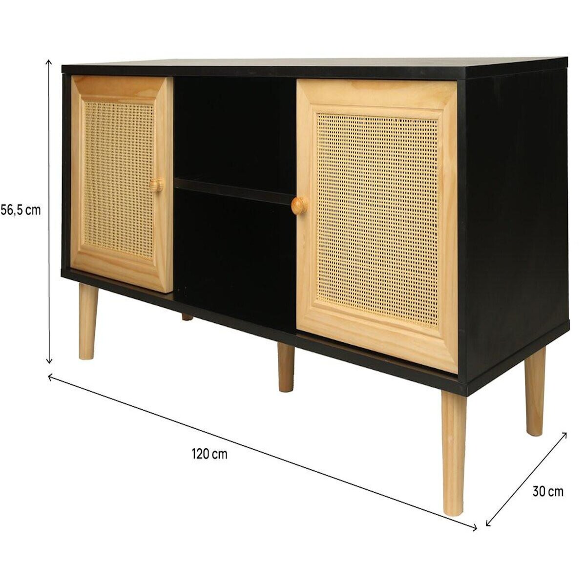 Habitat et Jardin Meuble TV scandinave en cannage  Iguane  - 120 x 30 x 56.5 cm - Noir