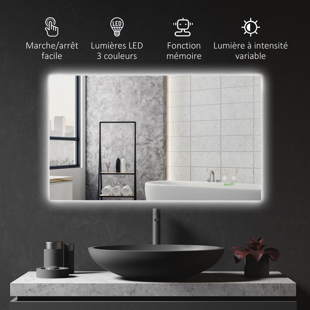 KLEANKIN Miroir salle de bain lumineux LED 42 W - dim. 90L x 3l x 60H cm - fonction anti-buée, interrupteur tactile, luminosité réglable - alu. verre