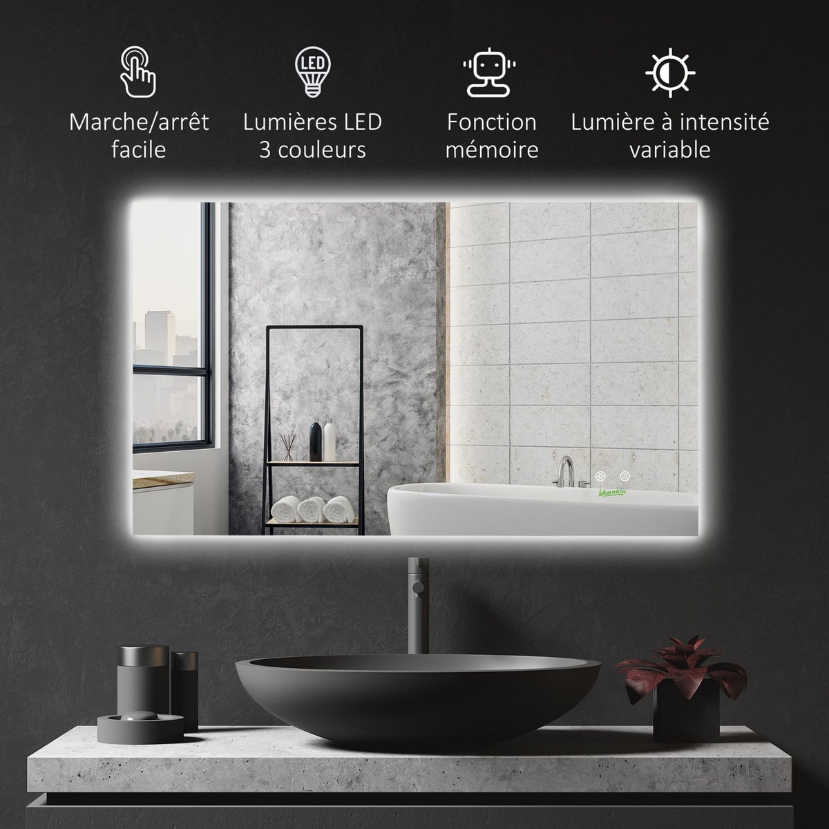 KLEANKIN Miroir salle de bain lumineux LED 42 W - dim. 90L x 3l x 60H cm - fonction anti-buée, interrupteur tactile, luminosité réglable - alu. verre