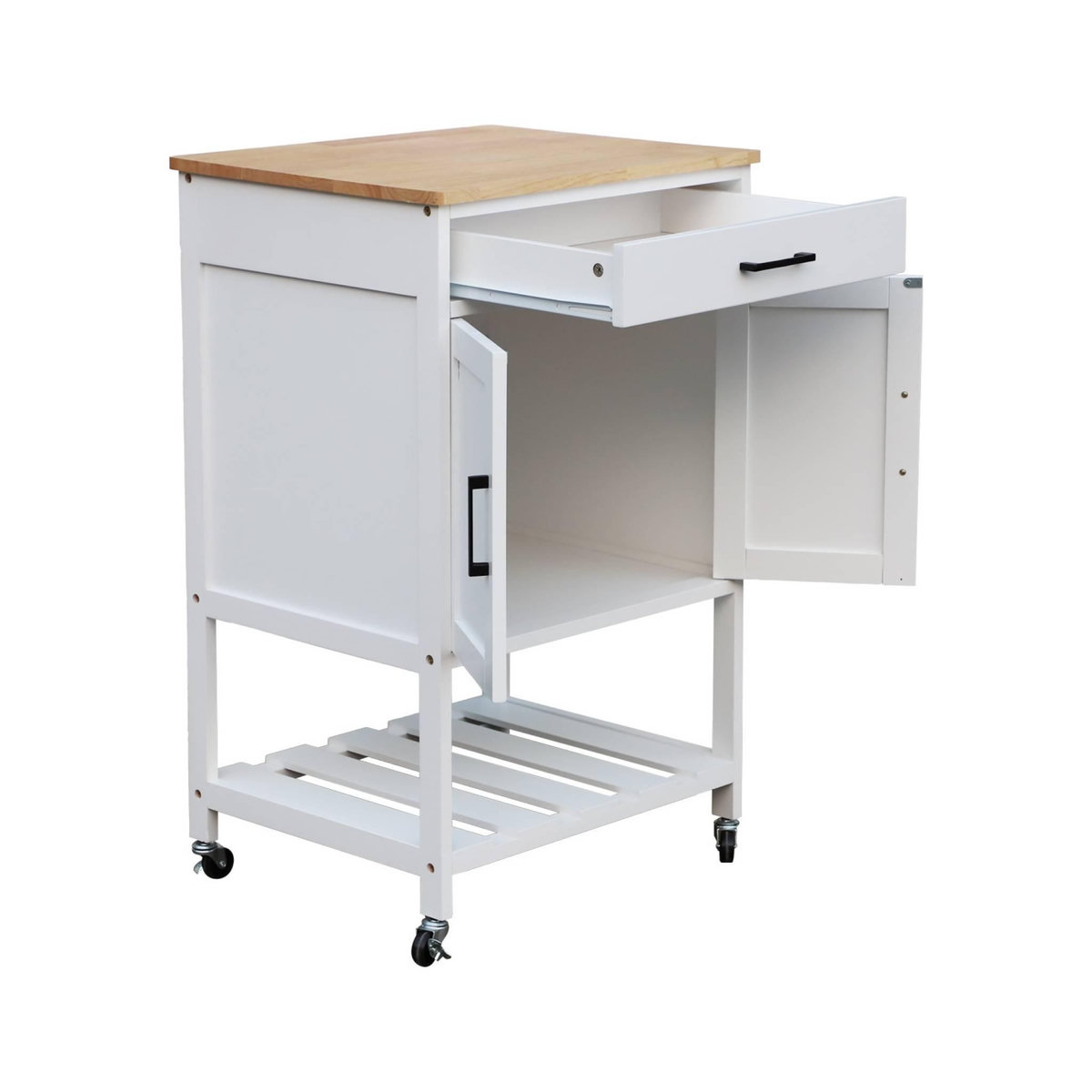 SWEEEK Desserte de cuisine BENDOR plateau en bois d'hévéa, 56 x 46 x 90 cm, 4 roues, 1 tiroir, 2 étagère, 1 double porte, style contemporain